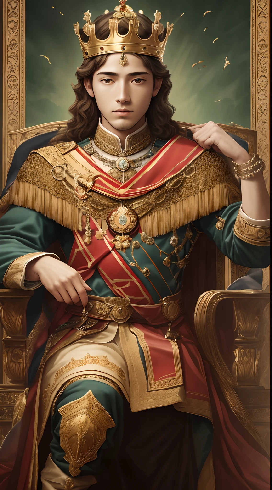 A young king of twenty-five years with a crown on his head sitting on the throne, masterpiece, high realistic image, high resolution,8k --auto --s2