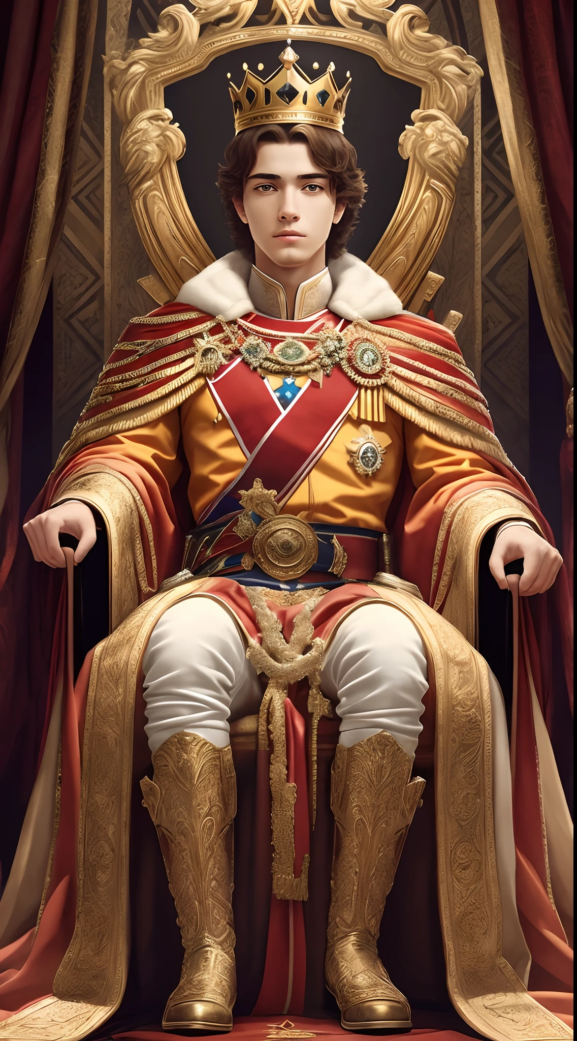 A young king of twenty-five years with a crown on his head sitting on the throne, masterpiece, high realistic image, high resolution,8k --auto --s2