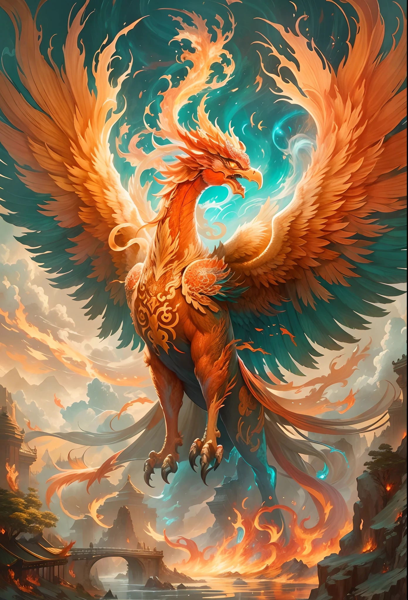 mythological creatures，（（Chinese mythology fire phoenix）），Traditional Chinese elements，Ancient murals，Illustrative myths，Fuyao Legend，Dappled light，Hazy haze，mystical aura，tmasterpiece，k hd，Rich in color，Detailed details，Seven colors