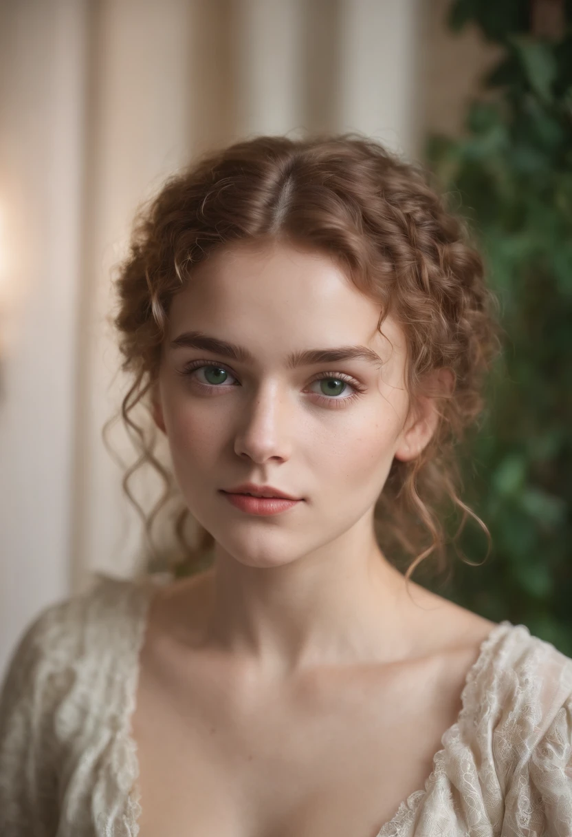 "Full body portrait of a charming 18 year old women with curly hay coloured hair, a late 80s look, small freckles, petite figure, beautiful face, captivating dark green eyes, and modest bust size, showcasing her natural beauty, posing in a bedroom, photorealistic, real life."