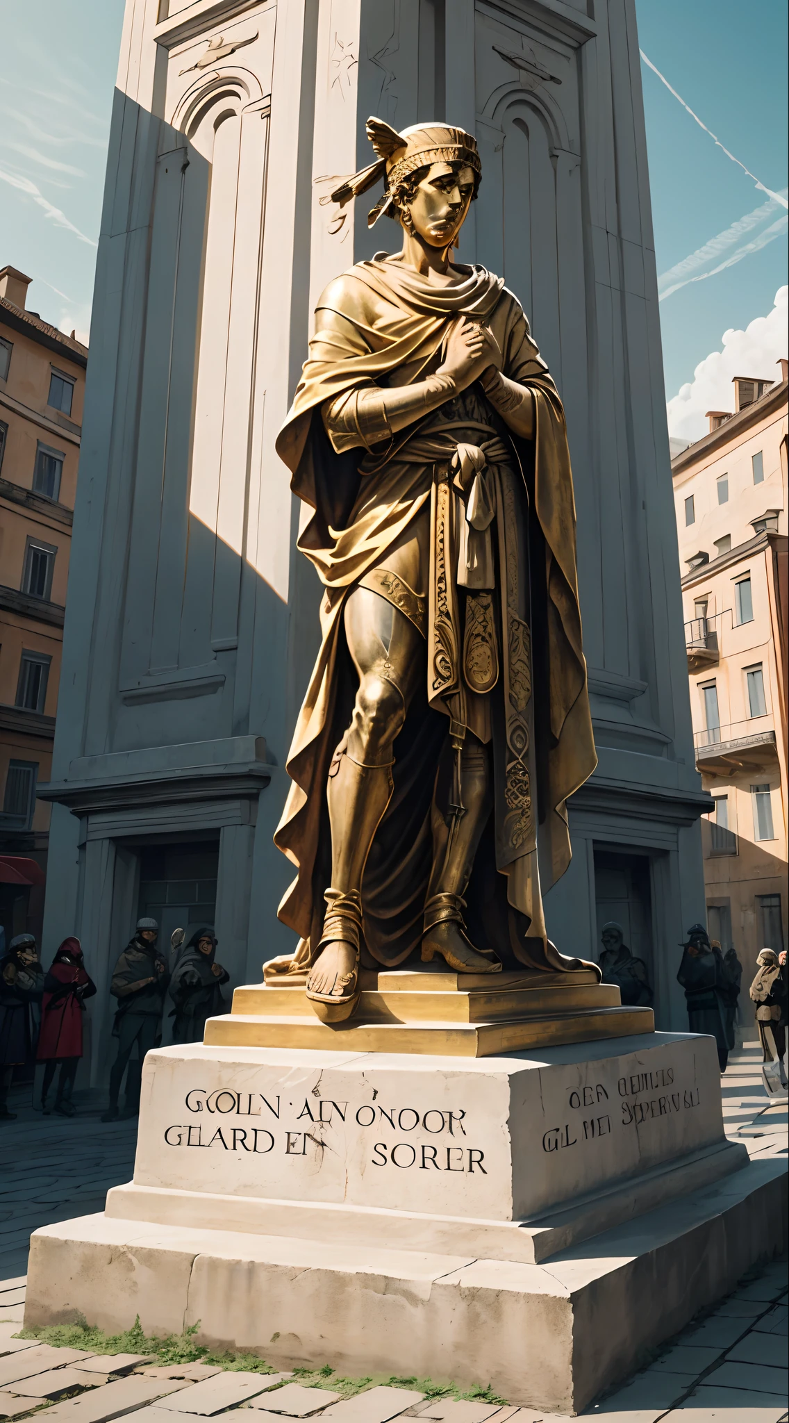 Town square filled with people in gray jumpsuits, moving in silence. Dull gray square buildings tightly packed. Red banners with golden eagle and letters "SPQR" on buildings. Statue of man in toga proudly holding fist atop inverted cross, structure at base reads "To the Glory of Nero Caesar, who liberated us from Christendom." Foul stench in the air.