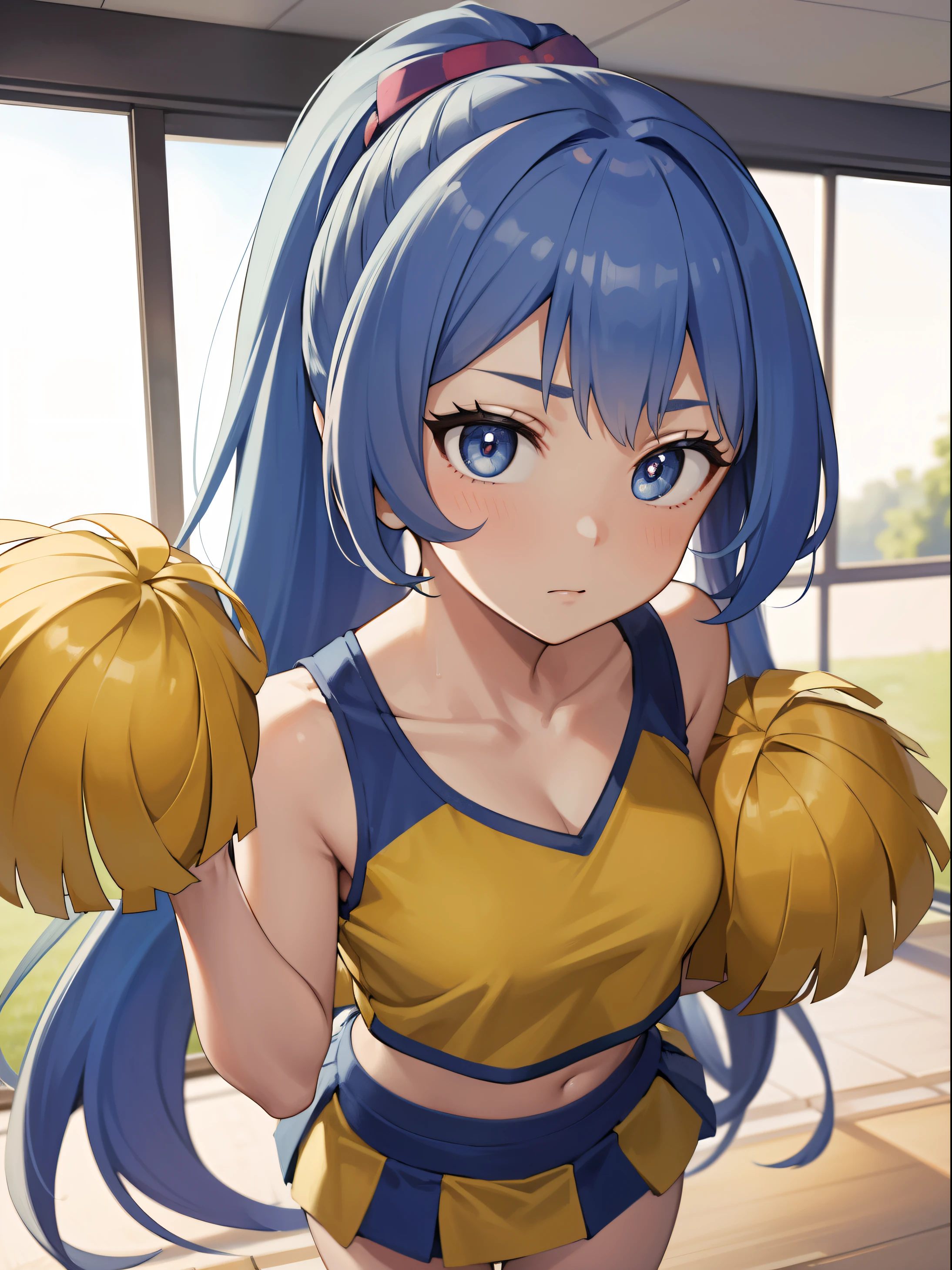 Highres, Masterpiece, Best quality at best,Best Quality,hight quality, hight detailed, 1girl, girl,  nejire hadou, blue eyes, blue hair, long hair,
BREAK cheerleader, crop top, holding pom poms, midriff, sweat, navel, orange skirt, pink footwear, pom pom (cheerleading), pom poms, ponytail, skirt, (u.a. cheerleader uniform:1.5),
BREAK looking at viewer, upper body, close-up body, 
BREAK indoors, classroom,
BREAK (masterpiece:1.2), best quality, high resolution, unity 8k wallpaper, (illustration:0.8), (beautiful detailed eyes:1.6), extremely detailed face, perfect lighting, extremely detailed CG, (perfect hands, perfect anatomy),