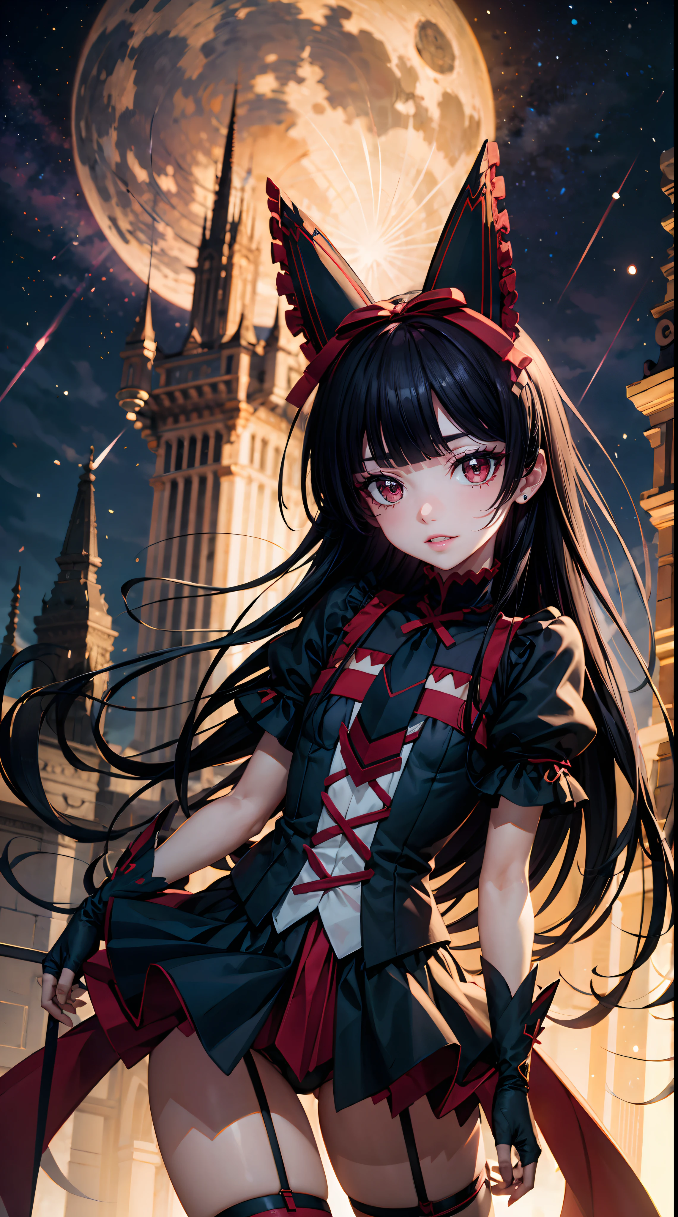 Rory Mercury, Rory Mercury, black  hair, blunt bangs, hime cut, hair ornament, black lipstick, hairlong, angry face, makeup, (small chest:1.2), (red eyes:1.5), BREAK Gothic underwear, the perfect body (little chest:1.3) Hornny, BREAK in full growth, red shoes, BREAK Black Stockings, Black Gloves BREAK, black thighs, garter straps, gloves, gotik, Hair Bow, gothic fashion, puffy short sleeves, puffy sleeves, short sleeves, thights, BREAK, starry night sky, night city, BREAK looks at the viewer, BREAK (Masterpiece:1.2), Best Quality, High Resolution, Unity 8k壁纸, (illustartion:0.8), (beautiful detail eyes:1.6), extremely detailed face, perfect  lighting, extremely detailed CGI, (perfect arms, perfect fingers, perfect anatomy),