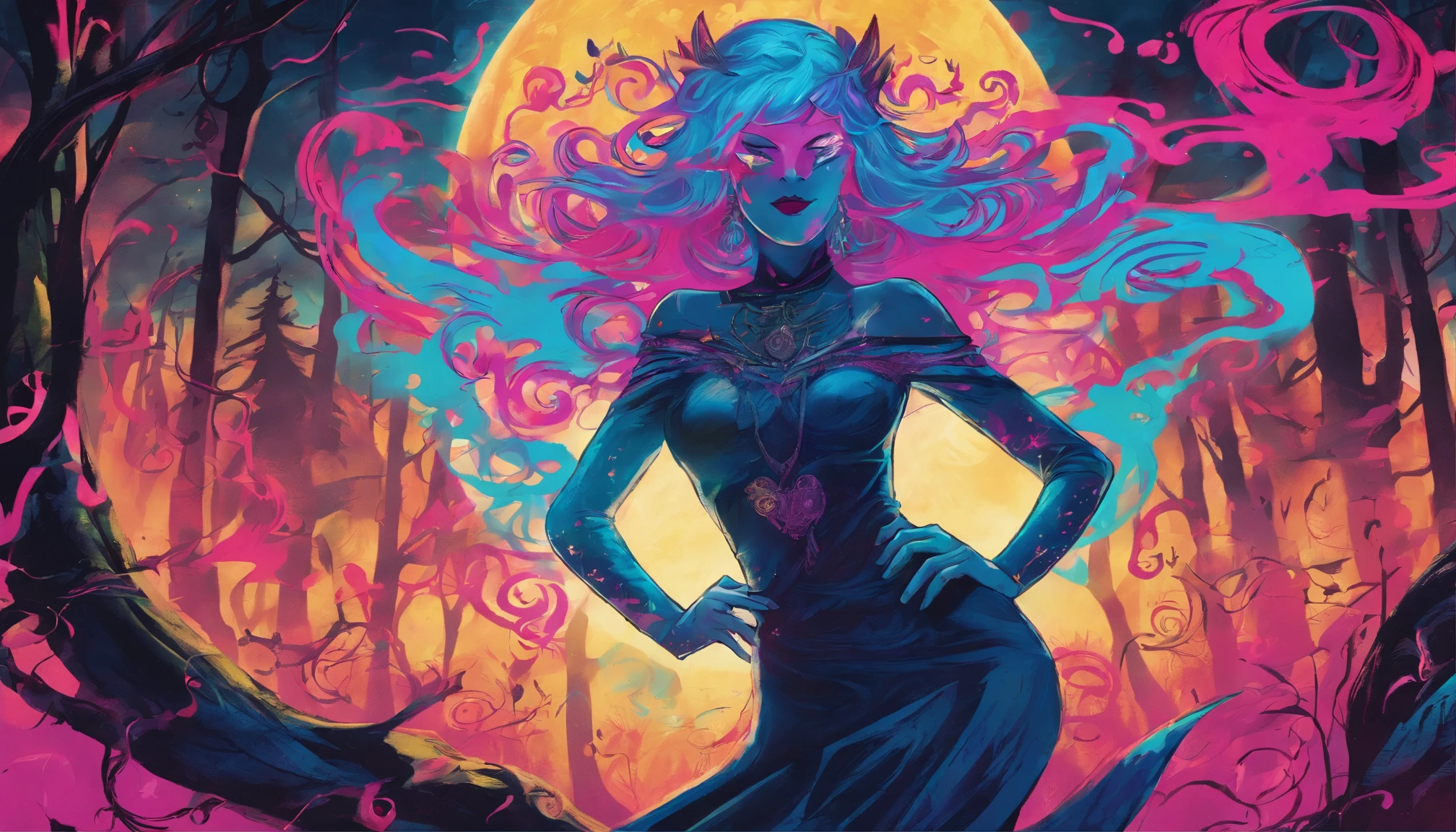 (a blue-haired demon woman,spells:1.1,glowing:1.1)(illustration)(best quality,ultra-detailed,realistic:1.37),demonic witch(demonic:1.1)(magic:1.1)(forest)(dark and mysterious,ominous atmosphere),casting powerful spells,creating magical energy(magic:1.1),vibrant pink hair(swirling pink hair)(flowing pink hair),horns(devil horns:1.1),piercing red eyes,enchanted scepter(magical scepter),elaborate dark robe,glowing magical sigils,fiery embers swirling(magical embers:1.1)(glowing embers),magical aura(glowing aura),eerie shadows,otherworldly presence(presence),sinister smile,nightfall in the background(dark night:1.1)(moonlit forest),lush and dense foliage(twisted trees)(mystical plants:1.1),mystical particles(swirling particles)(floating particles),ethereal glow(ethereal:1.1)(soft glow),faint moonlight breaking through the trees,haunting and captivating(scary atmosphere),bewitching beauty,wide range of colors(vivid colors)(contrasting colors),mystical realm,impressive details,dynamic composition,mesmerizing artwork,photorealistic style(picasso style),impressive shading and lighting,explosive energy,magical atmosphere(fantasy atmosphere),dreamlike scene