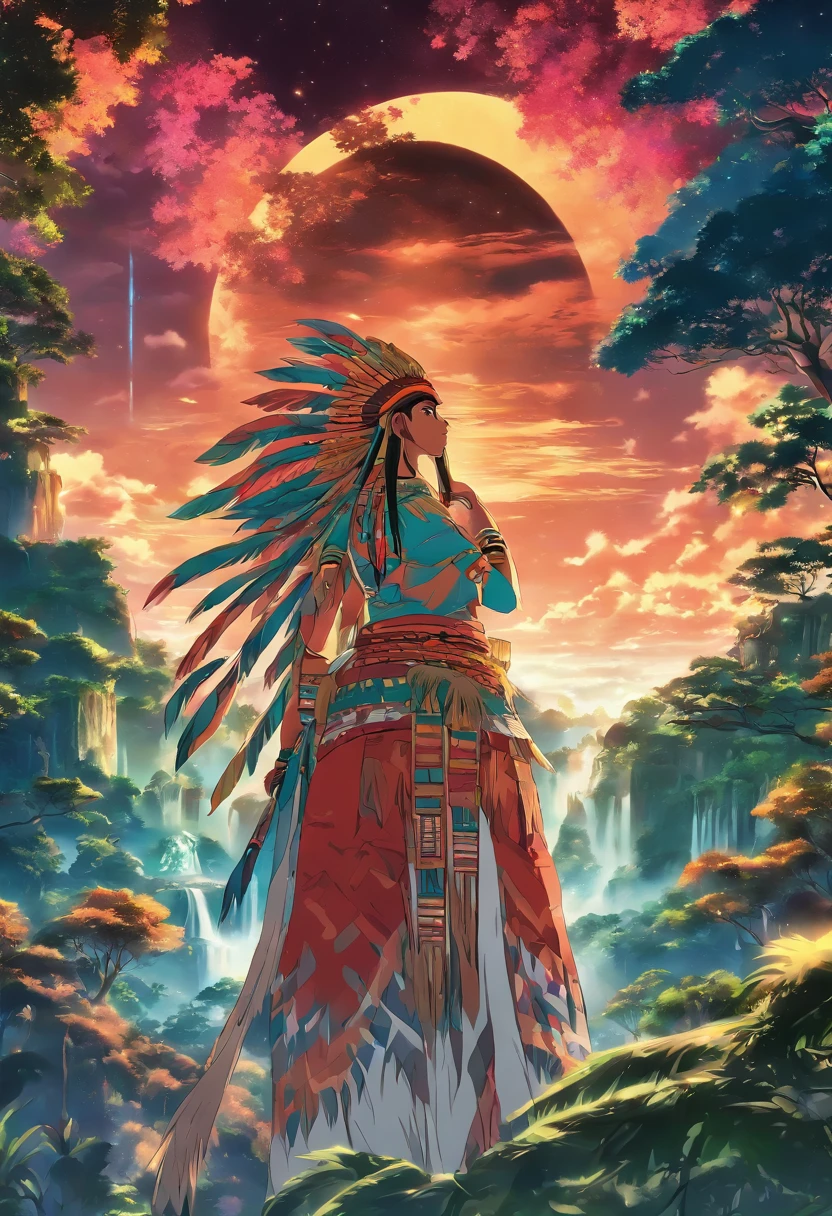 (((Abaangui))) best quality, ultra-high resolution, detailed CG in 4K, masterpiece, waning moon in the background, indigenous mythology, native Brazilian, aesthetics, Amazon rainforest, ((Xavante indigenous)), beautiful image, screen-centered, full body