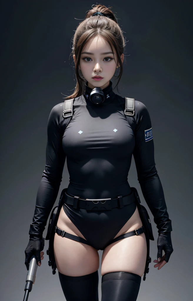 Highest image quality, outstanding details, ultra-high resolution, (realism: 1.4), ((middle shot:0.75)), highly condensed 1 lady, with beautiful and a delicate face, perfect proportion, (chubby:0.3, small breasts), (cloths color base ratio black:0.2 white:0.6 other-color:0.1), (wearing rash-guard likes police uniform, black and grey mecha, wearing high-tech heavy gasmask, military harness, carrying hich-tech-flamethrower-tank on back), background simple grey wall,