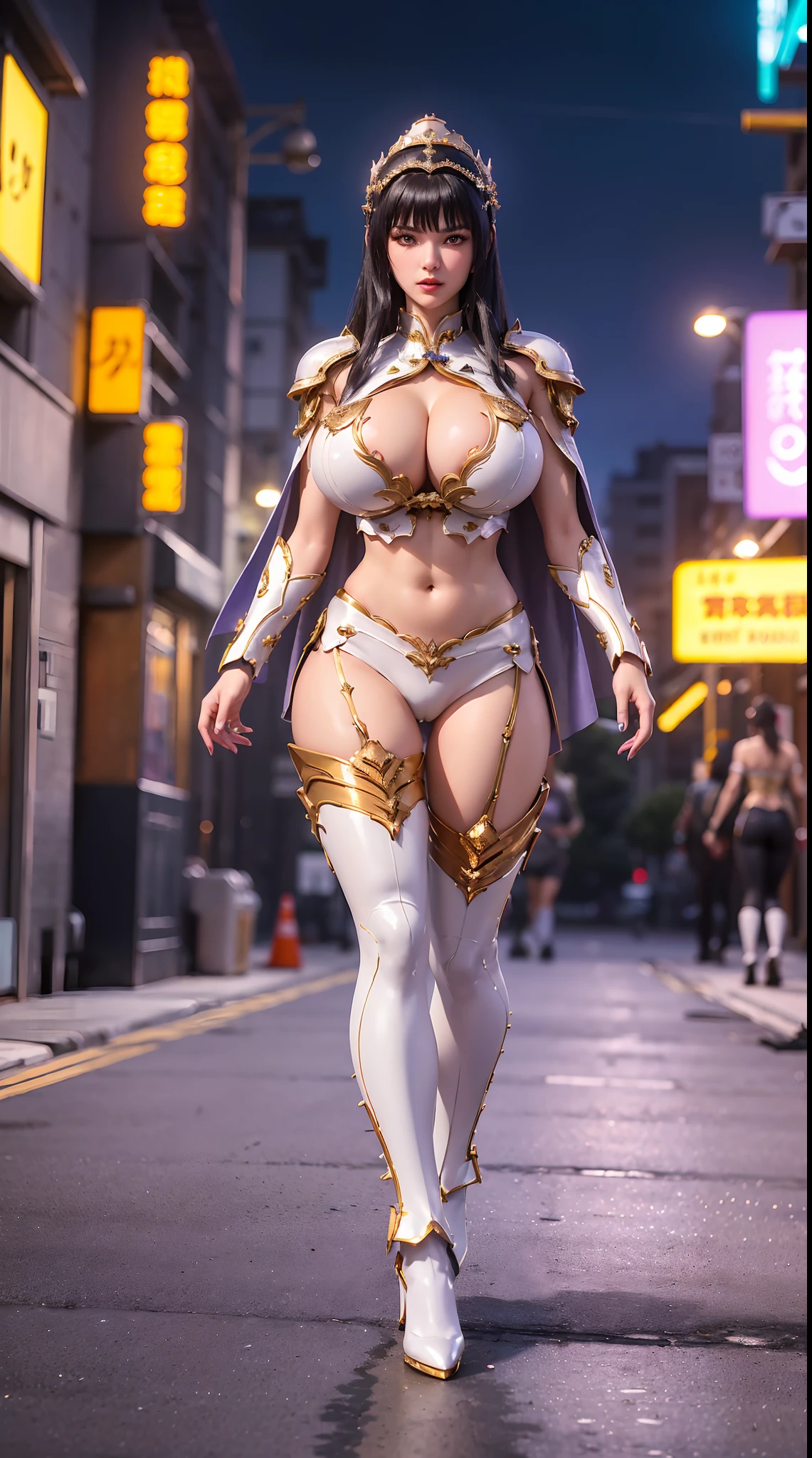 1GIRL, SOLO, (shiny black hair, gold ornament hair), (HUGE FAKE BOOBS:1.3), (GUARD ARM, GLOVE), IMMORTAL, (white, purple, gold, FUTURISTIC DRAGON MECHA ARMOR SUIT, ROYAL CAPE, CLEAVAGE, SKINTIGHT YOGA HOTPANTS, HIGH HEELS:1.2), (NSFW BUSTY BODY, LINE ABS, SEXY LONG LEGS, FULL BODY:1.3), (FROM FRONT, LOOKING AT VIEWER:1), (WALKING DOWN ON STREET NIGHT CITY:1.3), PHYSICALLY-BASED RENDERING, ULTRA HIGHT DEFINITION, 8K, 1080P.