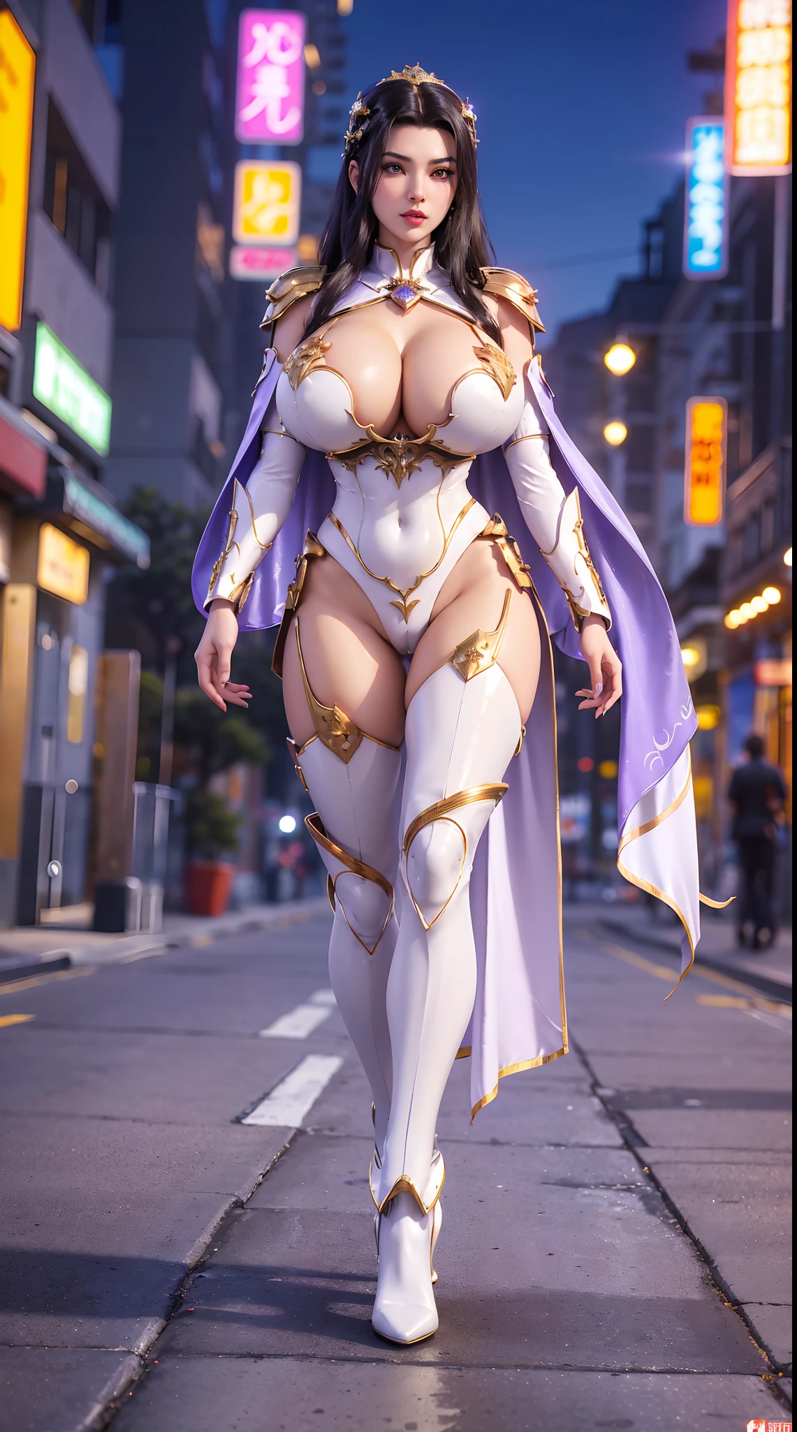 1GIRL, SOLO, (shiny black hair, gold ornament hair), (HUGE FAKE BOOBS:1.3), (GUARD ARM, GLOVE), IMMORTAL, (white, purple, gold, FUTURISTIC DRAGON MECHA ARMOR SUIT, ROYAL CAPE, CLEAVAGE, SKINTIGHT YOGA HOTPANTS, HIGH HEELS:1.2), (NSFW BUSTY BODY, LINE ABS, SEXY LONG LEGS, FULL BODY:1.3), (FROM FRONT, LOOKING AT VIEWER:1), (WALKING DOWN ON STREET NIGHT CITY:1.3), PHYSICALLY-BASED RENDERING, ULTRA HIGHT DEFINITION, 8K, 1080P.