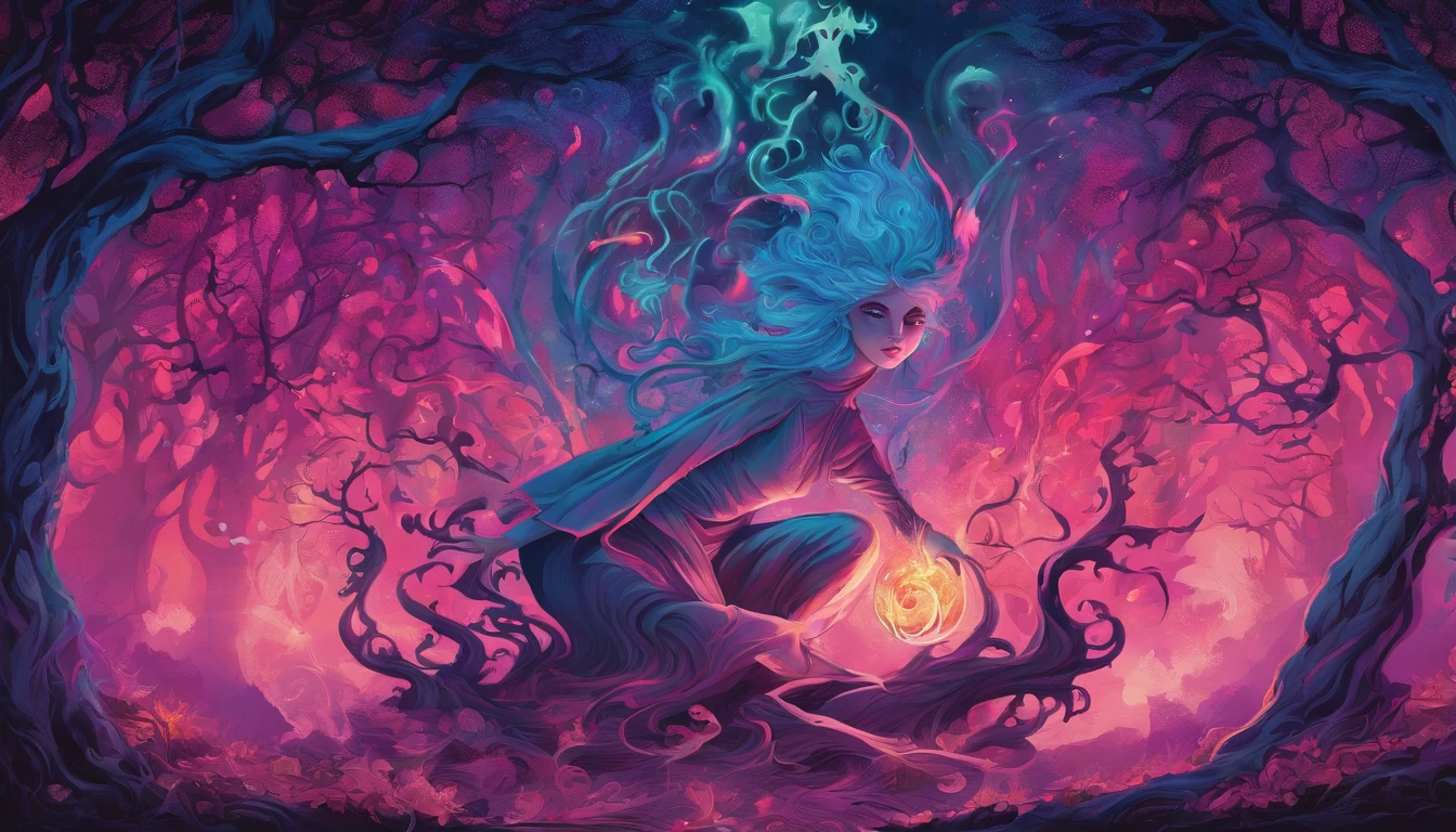 (a blue-haired demon woman,spells:1.1,glowing:1.1)(illustration)(best quality,ultra-detailed,realistic:1.37),demonic witch(demonic:1.1)(magic:1.1)(forest)(dark and mysterious,ominous atmosphere),casting powerful spells,creating magical energy(magic:1.1),vibrant pink hair(swirling pink hair)(flowing pink hair),horns(devil horns:1.1),piercing red eyes,enchanted scepter(magical scepter),elaborate dark robe,glowing magical sigils,fiery embers swirling(magical embers:1.1)(glowing embers),magical aura(glowing aura),eerie shadows,otherworldly presence(presence),sinister smile,nightfall in the background(dark night:1.1)(moonlit forest),lush and dense foliage(twisted trees)(mystical plants:1.1),mystical particles(swirling particles)(floating particles),ethereal glow(ethereal:1.1)(soft glow),faint moonlight breaking through the trees,haunting and captivating(scary atmosphere),bewitching beauty,wide range of colors(vivid colors)(contrasting colors),mystical realm,impressive details,dynamic composition,mesmerizing artwork,photorealistic style(picasso style),impressive shading and lighting,explosive energy,magical atmosphere(fantasy atmosphere),dreamlike scene