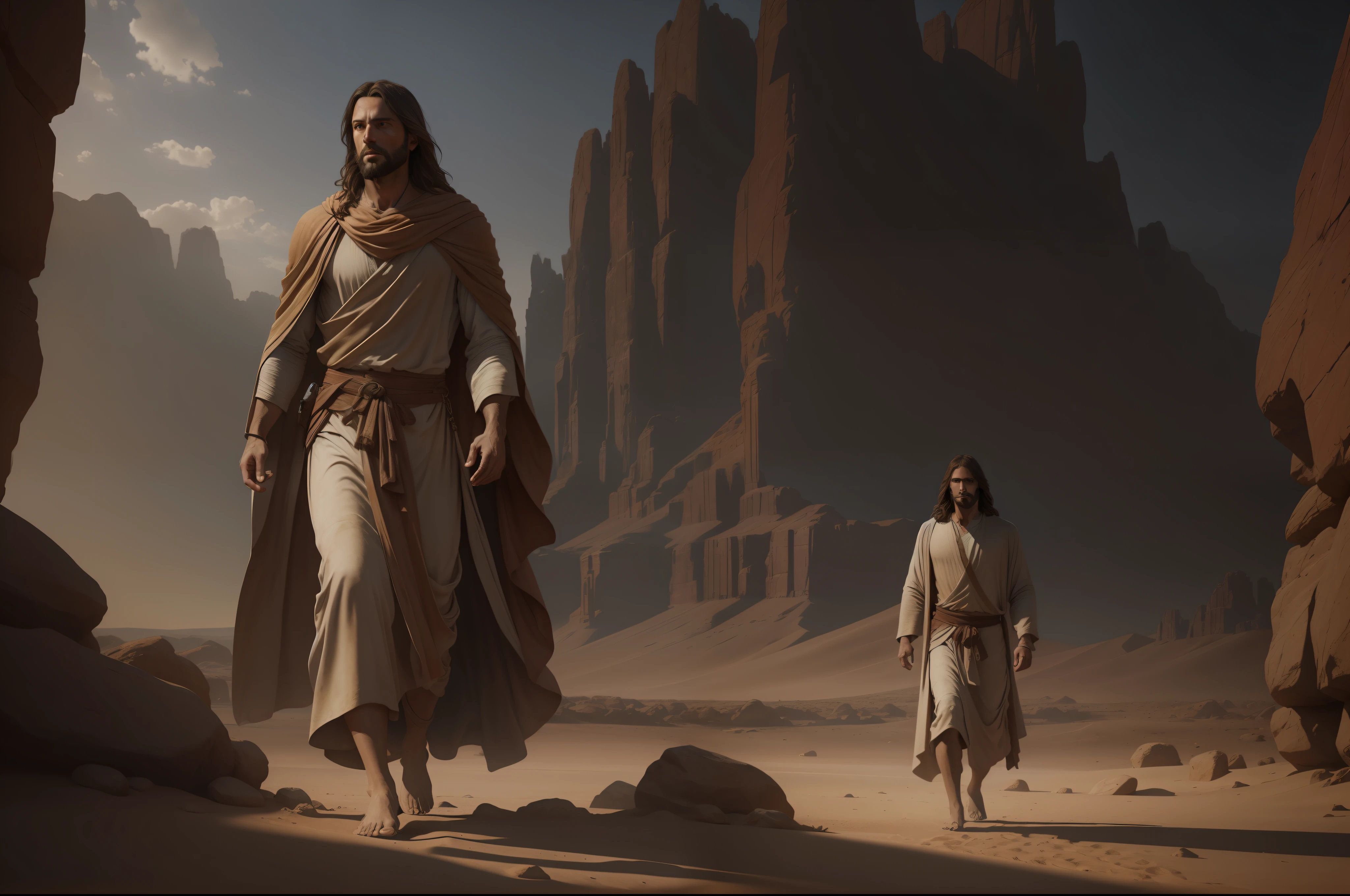 Jesus Christ walking in the desert, Dark photo: realistic epic, Soft cinematic portrait, Adobe Lightroom, Photo Lab, highly detailed, faded, Art by Greg Rutkowski and Artgerm ,Neutral colors: 1,2), (HDR: 1,4) , (soft colors:1.2), Hyperdetailed, (Artstation:1.4), Cinematic, Warm Lights, Dramatic Light, (Intricate Details:1.1), Complex Background, (Rutkowski:0.66), (Blue and Orange:0.4)