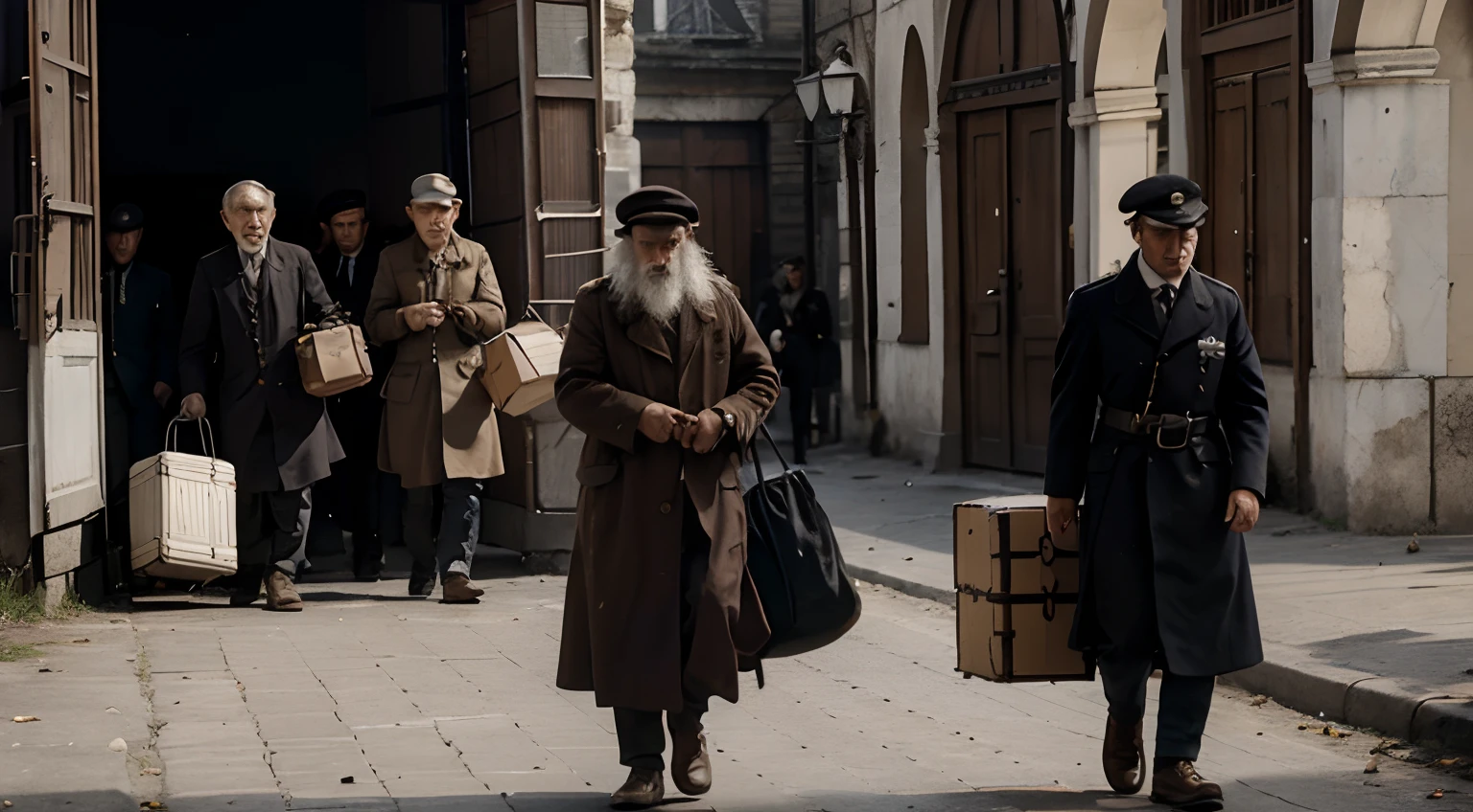 Jewish people fleeing with their belongings from persecution in the historical period of World War I