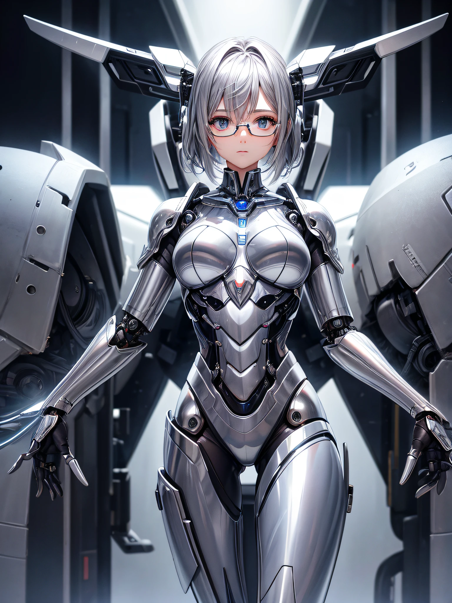 5 8K UHD、Silver metallic body mechanical beauty posing with glasses、Silver metallic robot with hidden skin shiny