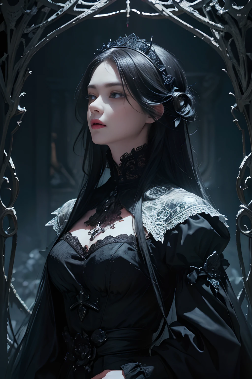 Official Art, Unity 8k wallpaper, super detailed, beautiful, beautiful, masterpiece, best quality,
darkness, atmosphere, mystery, romanticism, creepy, literature, art, fashion, victorian, decoration, intricacies, ironwork, lace, contemplation, emotional depth, supernatural,
1 girl, solo, neck, bust composition