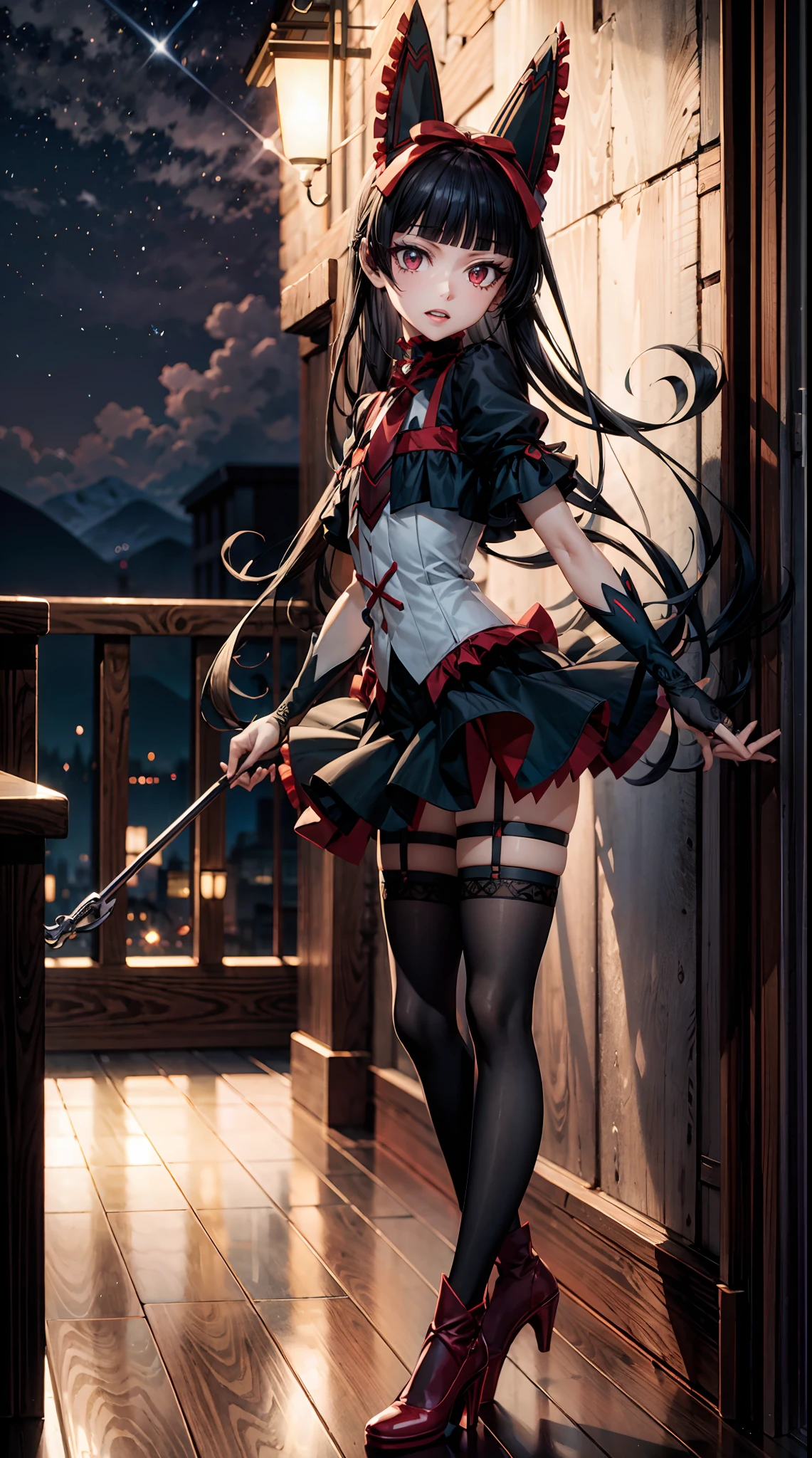 Rory Mercury, Rory Mercury, black  hair, blunt bangs, hime cut, hair ornament, black lipstick, hairlong, angry face, makeup, (small chest:1.2), (red eyes:1.5), BREAK Gothic underwear, the perfect body (little chest:1.3) Hornny, BREAK in full growth, red shoes, BREAK Black Stockings, Black Gloves BREAK, black thighs, garter straps, gloves, gotik, Hair Bow, gothic fashion, puffy short sleeves, puffy sleeves, short sleeves, thights, BREAK, starry night sky, night city, BREAK looks at the viewer, BREAK (Masterpiece:1.2), Best Quality, High Resolution, Unity 8k壁纸, (illustartion:0.8), (beautiful detail eyes:1.6), extremely detailed face, perfect  lighting, extremely detailed CGI, (perfect arms, perfect fingers, perfect anatomy),