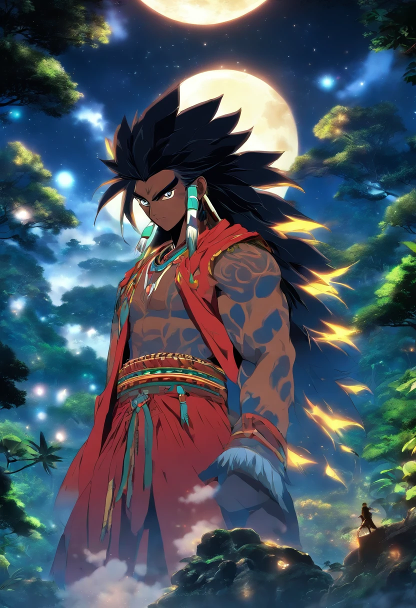 (((Abaangui))) best quality, ultra-high resolution, detailed CG in 4K, masterpiece, man, indigenous Xavante, moon, indigenous mythology, native Brazilian, aesthetics, Amazon rainforest, ((moon in the background)), beautiful image, centered on the screen, full body