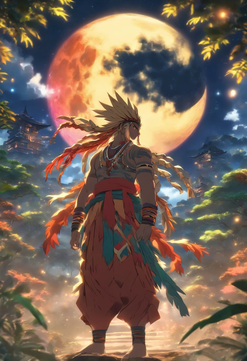 (((Abaangui))) best quality, ultra-high resolution, detailed CG in 4K, masterpiece, man, indigenous Xavante, moon, indigenous mythology, native Brazilian, aesthetics, Amazon rainforest, ((moon in the background)), beautiful image, centered on the screen, full body