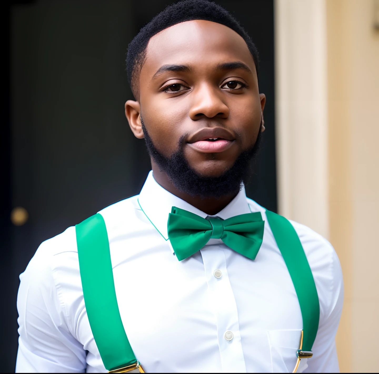 There is a young boy wearing a bow tie and suspenders, David Uzochukwu, Godwin Akpan, Green suit and bow tie, Areas of Adebanji, taken in the early 2020s, inspired by Chinwe Chukwuogo-Roy, Emmanuel Shiru, George Pemba, par Chinwe Chukwuogo-Roy