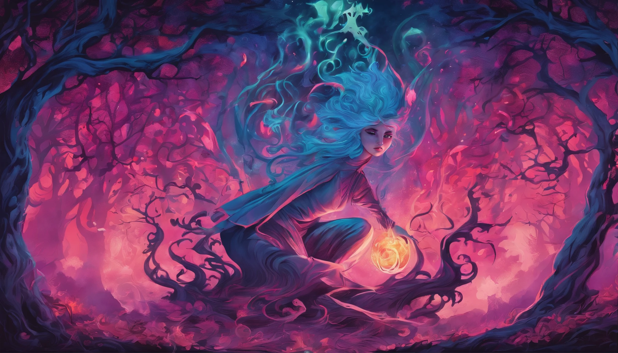(a blue-haired demon woman,spells:1.1,glowing:1.1)(illustration)(best quality,ultra-detailed,realistic:1.37),demonic witch(demonic:1.1)(magic:1.1)(forest)(dark and mysterious,ominous atmosphere),casting powerful spells,creating magical energy(magic:1.1),vibrant pink hair(swirling pink hair)(flowing pink hair),horns(devil horns:1.1),piercing red eyes,enchanted scepter(magical scepter),elaborate dark robe,glowing magical sigils,fiery embers swirling(magical embers:1.1)(glowing embers),magical aura(glowing aura),eerie shadows,otherworldly presence(presence),sinister smile,nightfall in the background(dark night:1.1)(moonlit forest),lush and dense foliage(twisted trees)(mystical plants:1.1),mystical particles(swirling particles)(floating particles),ethereal glow(ethereal:1.1)(soft glow),faint moonlight breaking through the trees,haunting and captivating(scary atmosphere),bewitching beauty,wide range of colors(vivid colors)(contrasting colors),mystical realm,impressive details,dynamic composition,mesmerizing artwork,photorealistic style(picasso style),impressive shading and lighting,explosive energy,magical atmosphere(fantasy atmosphere),dreamlike scene