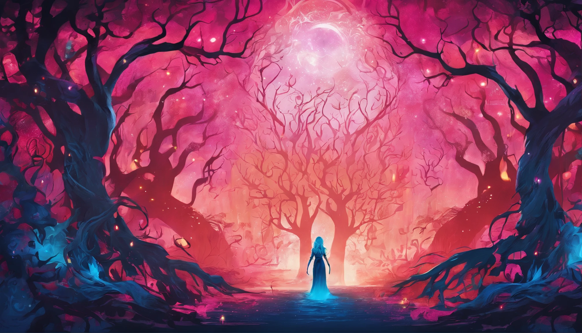(a blue-haired demon woman,spells:1.1,glowing:1.1)(illustration)(best quality,ultra-detailed,realistic:1.37),demonic witch(demonic:1.1)(magic:1.1)(forest)(dark and mysterious,ominous atmosphere),casting powerful spells,creating magical energy(magic:1.1),vibrant pink hair(swirling pink hair)(flowing pink hair),horns(devil horns:1.1),piercing red eyes,enchanted scepter(magical scepter),elaborate dark robe,glowing magical sigils,fiery embers swirling(magical embers:1.1)(glowing embers),magical aura(glowing aura),eerie shadows,otherworldly presence(presence),sinister smile,nightfall in the background(dark night:1.1)(moonlit forest),lush and dense foliage(twisted trees)(mystical plants:1.1),mystical particles(swirling particles)(floating particles),ethereal glow(ethereal:1.1)(soft glow),faint moonlight breaking through the trees,haunting and captivating(scary atmosphere),bewitching beauty,wide range of colors(vivid colors)(contrasting colors),mystical realm,impressive details,dynamic composition,mesmerizing artwork,photorealistic style(picasso style),impressive shading and lighting,explosive energy,magical atmosphere(fantasy atmosphere),dreamlike scene
