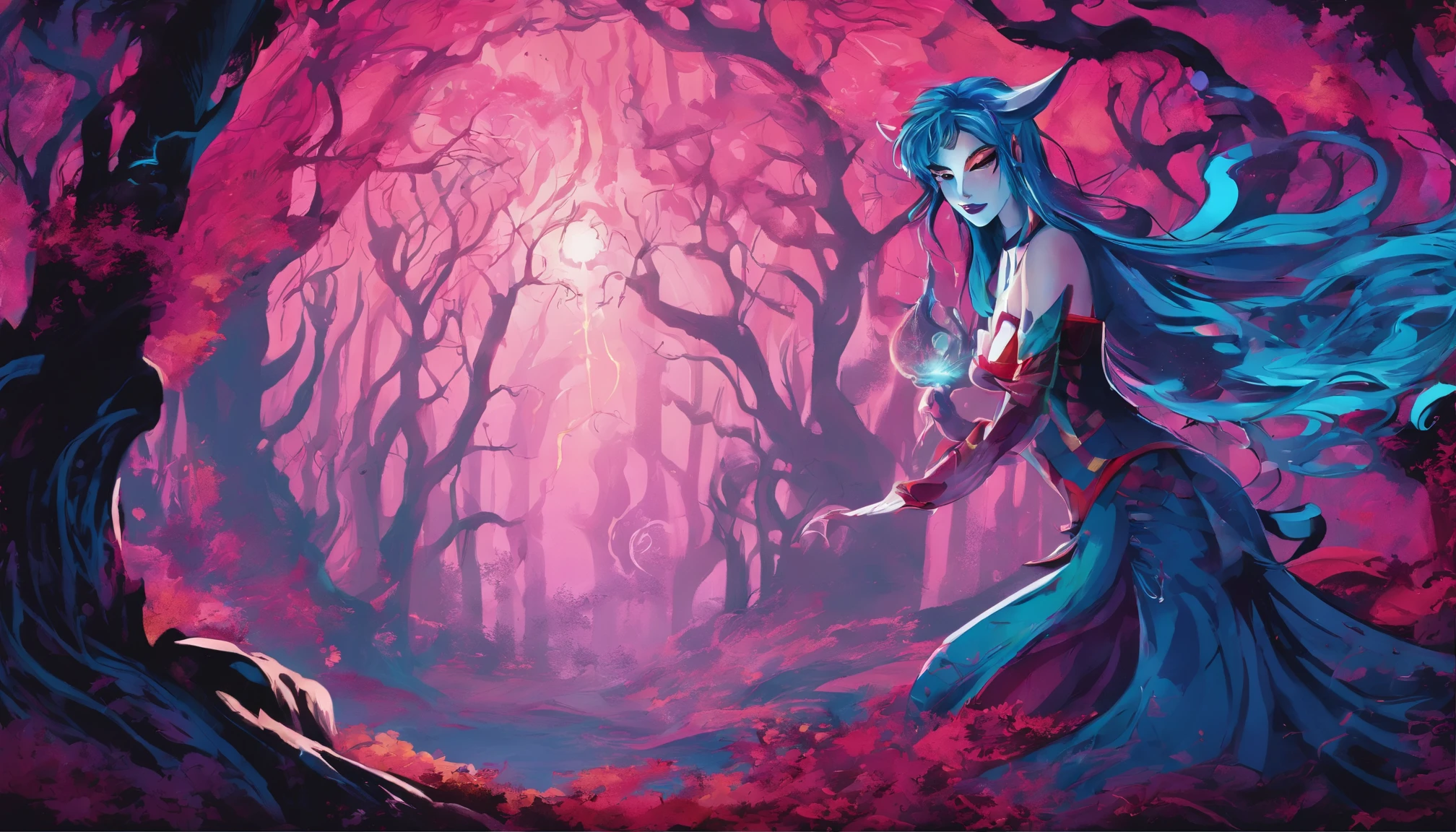 (a blue-haired demon woman,spells:1.1,glowing:1.1)(illustration)(best quality,ultra-detailed,realistic:1.37),demonic witch(demonic:1.1)(magic:1.1)(forest)(dark and mysterious,ominous atmosphere),casting powerful spells,creating magical energy(magic:1.1),vibrant pink hair(swirling pink hair)(flowing pink hair),horns(devil horns:1.1),piercing red eyes,enchanted scepter(magical scepter),elaborate dark robe,glowing magical sigils,fiery embers swirling(magical embers:1.1)(glowing embers),magical aura(glowing aura),eerie shadows,otherworldly presence(presence),sinister smile,nightfall in the background(dark night:1.1)(moonlit forest),lush and dense foliage(twisted trees)(mystical plants:1.1),mystical particles(swirling particles)(floating particles),ethereal glow(ethereal:1.1)(soft glow),faint moonlight breaking through the trees,haunting and captivating(scary atmosphere),bewitching beauty,wide range of colors(vivid colors)(contrasting colors),mystical realm,impressive details,dynamic composition,mesmerizing artwork,photorealistic style(picasso style),impressive shading and lighting,explosive energy,magical atmosphere(fantasy atmosphere),dreamlike scene