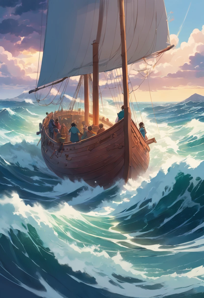 A Viking ship sailing through rough, stormy seas with a determined crew on board. Highlight the sheer power and resilience of the ship as it braves the harsh weather.
