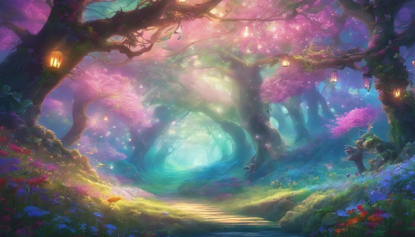(best quality,4k,8k,highres,masterpiece:1.2),ultra-detailed,(realistic,photorealistic,photo-realistic:1.37),mystical pastel forest,plushy creatures,cute,fantasy,enchanted,whimsical atmosphere,soft lighting,magical aura,fairy tale,ethereal colors,ethereal,fluffy,peaceful,harmony,serene,tranquil,delicate,breathtaking view,lush greenery,gentle fog,hidden treasures,tiny details,playful creatures,hiding behind trees,dancing butterflies,sparkling fireflies,mystical flowers,blooming in vibrant colors,warm sunlight shining through branches,fairies whispering secrets,scent of wildflowers,calming atmosphere,inviting you to explore,promise of adventure,peaceful environment,surrounded by magic,soft whispers in the wind,secret pathways,to discover the unknown,imaginative world beyond reality,dream-like ambiance,behind every corner,a new wonder awaits,joyful laughter of the plushy creatures,whispering trees,touch of mystery,luring you deeper into the forest,sparkling streams,refreshing waterfalls,gentle sound of nature,enchanted melody,floating lanterns,illuminating the path,creating a magical glow,experience the beauty and wonder of the mystical pastel forest.