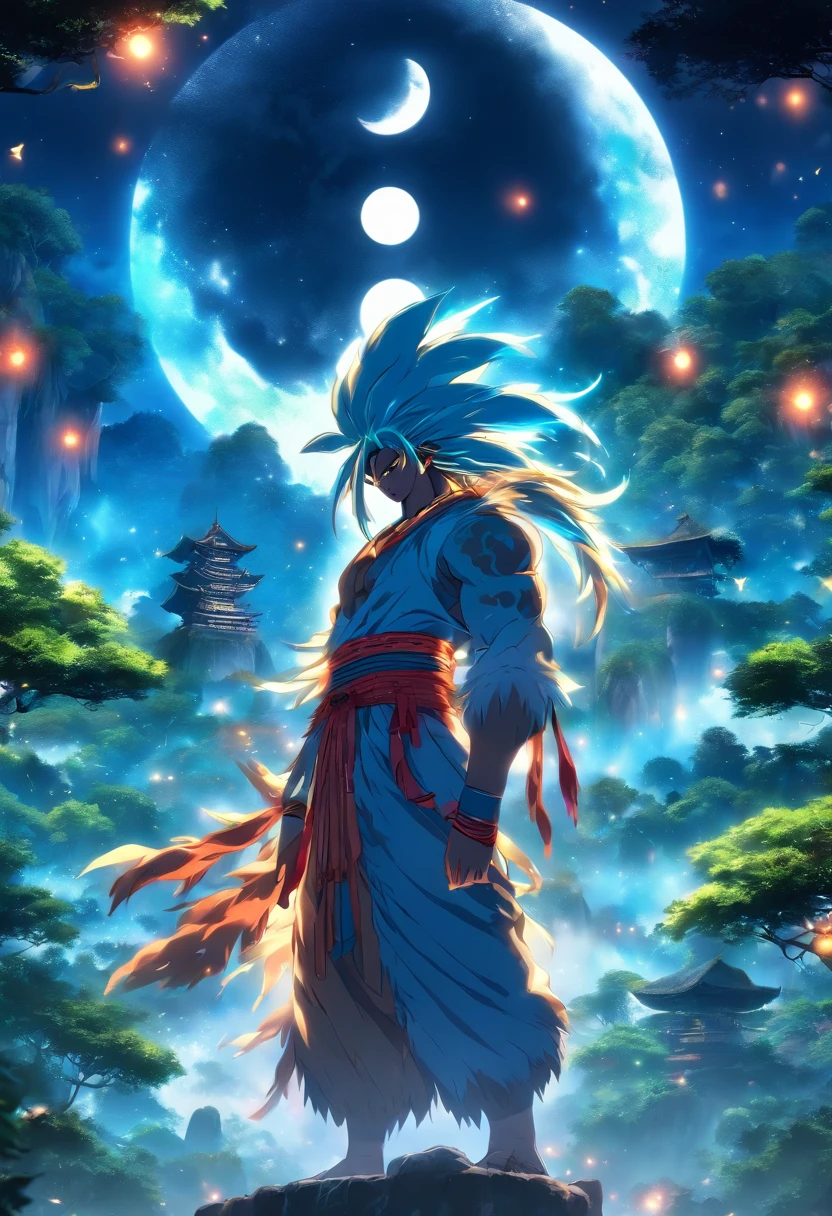 (((Abaangui))) best quality, ultra-high resolution, detailed CG in 4K, masterpiece, man, indigenous Xavante, moon, indigenous mythology, native Brazilian, aesthetics, Amazon rainforest, ((moon in the background)), beautiful image, centered on the screen, full body