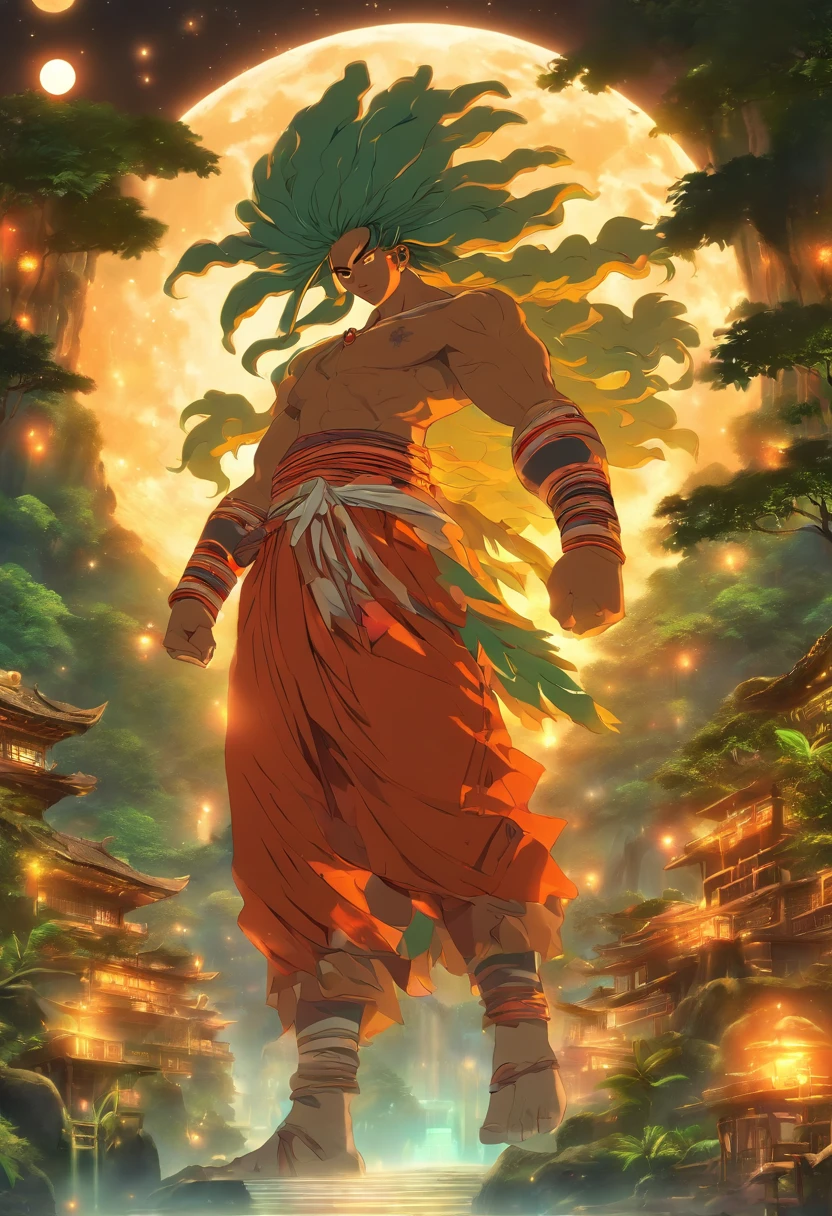 (((Abaangui))) best quality, ultra-high resolution, detailed CG in 4K, masterpiece, man, indigenous Xavante, moon, indigenous mythology, native Brazilian, aesthetics, Amazon rainforest, ((moon in the background)), beautiful image, centered on the screen, full body