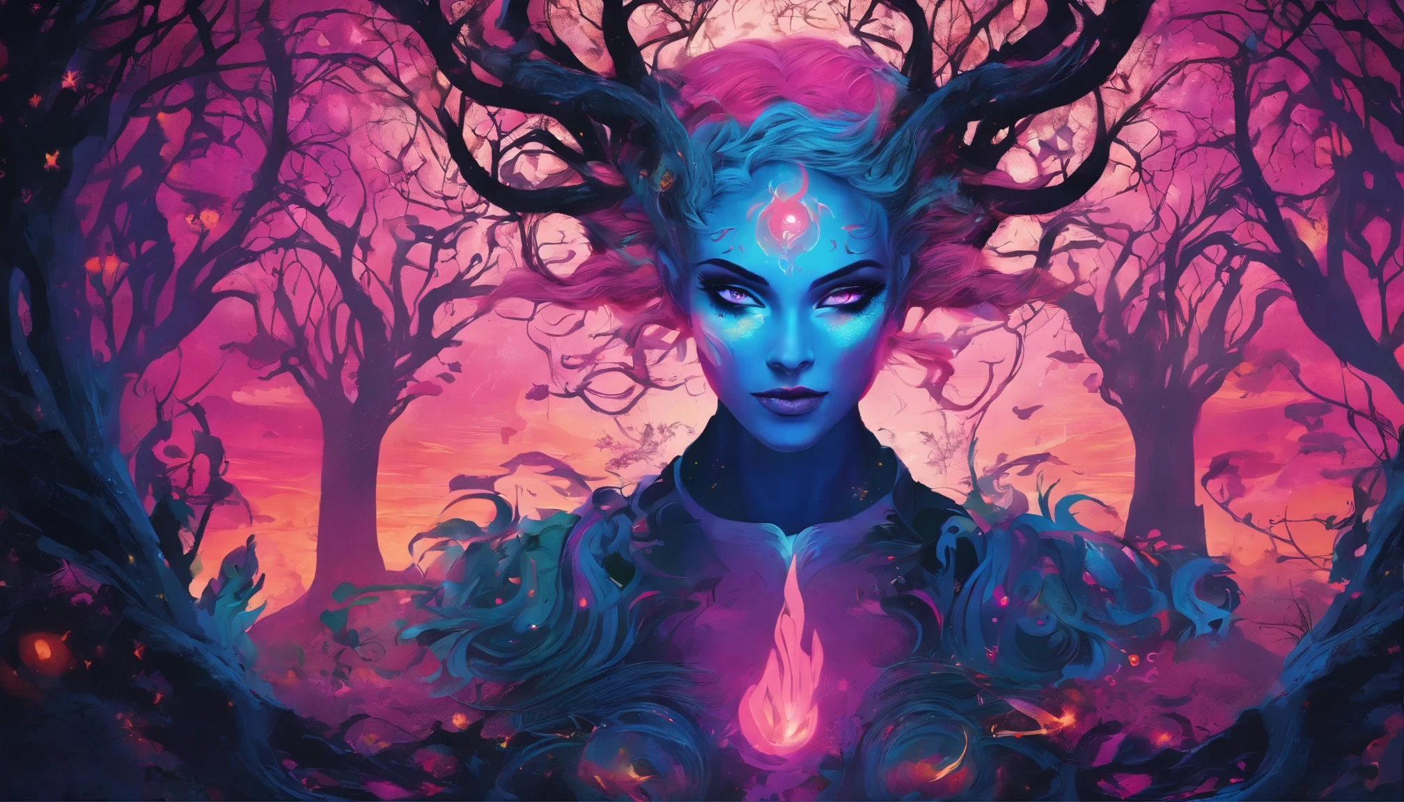 (a blue-haired demon woman,spells:1.1,glowing:1.1)(illustration)(best quality,ultra-detailed,realistic:1.37),demonic witch(demonic:1.1)(magic:1.1)(forest)(dark and mysterious,ominous atmosphere),casting powerful spells,creating magical energy(magic:1.1),vibrant pink hair(swirling pink hair)(flowing pink hair),horns(devil horns:1.1),piercing red eyes,enchanted scepter(magical scepter),elaborate dark robe,glowing magical sigils,fiery embers swirling(magical embers:1.1)(glowing embers),magical aura(glowing aura),eerie shadows,otherworldly presence(presence),sinister smile,nightfall in the background(dark night:1.1)(moonlit forest),lush and dense foliage(twisted trees)(mystical plants:1.1),mystical particles(swirling particles)(floating particles),ethereal glow(ethereal:1.1)(soft glow),faint moonlight breaking through the trees,haunting and captivating(scary atmosphere),bewitching beauty,wide range of colors(vivid colors)(contrasting colors),mystical realm,impressive details,dynamic composition,mesmerizing artwork,photorealistic style(picasso style),impressive shading and lighting,explosive energy,magical atmosphere(fantasy atmosphere),dreamlike scene