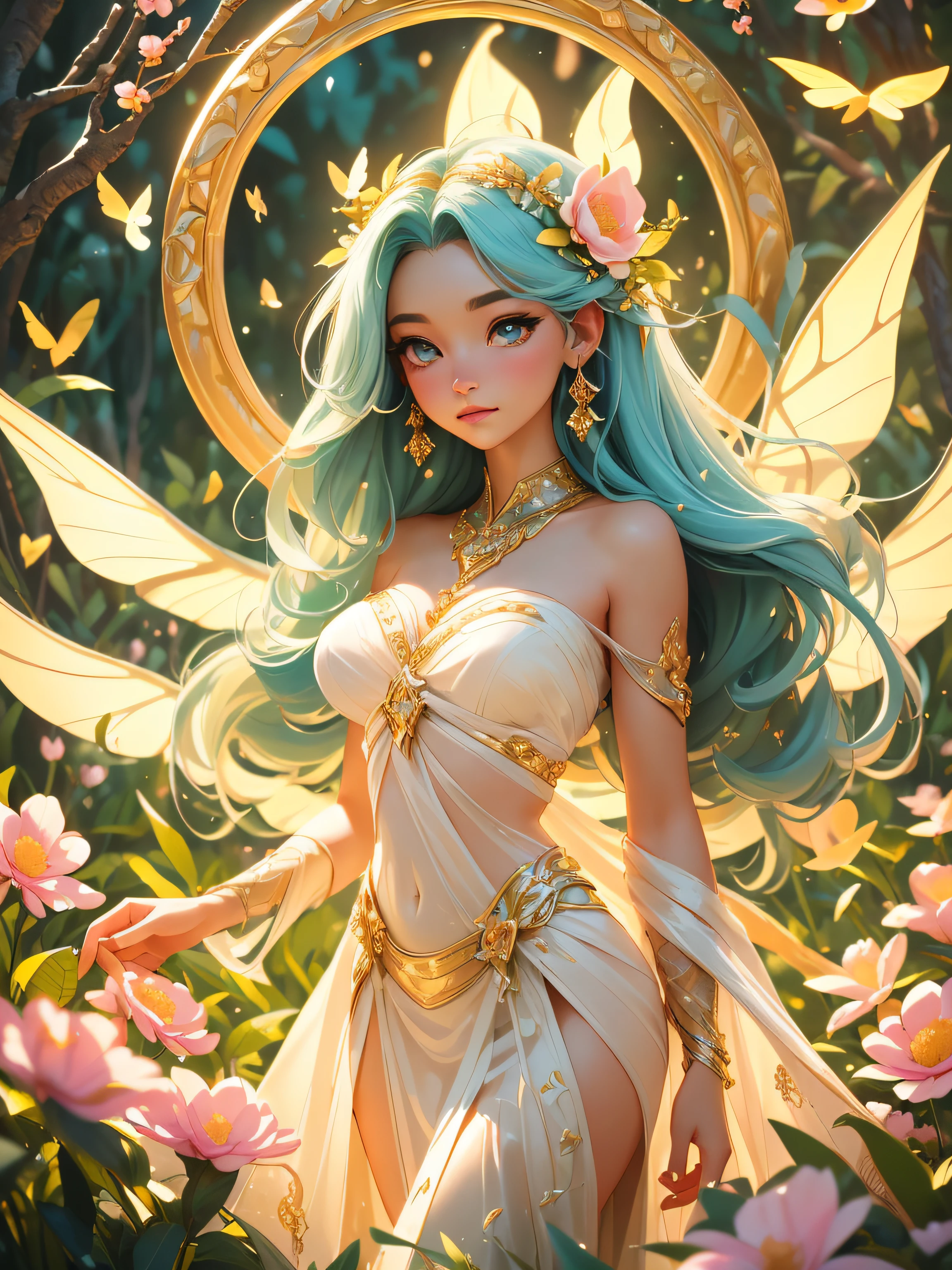 (magical, ethereal) Psyche, Greek goddess of soul, wearing a (simple, flowing) Greek white gown, (innocent, pure). Her attire symbolizes her (elegance, grace) and sacredness. (Graceful, delicate) butterfly wings decorate her back, enchanting all who behold her. The intricate patterns on the wings add a touch of (intrigue, charm), filling the surroundings with an aura of (mystery, enchantment). Rays of (soft, golden) sunlight gently filter through the (lush, verdant) foliage, casting a warm glow on Psyche's serene face. Her eyes, (expressive, mesmerizing), are a window to her soul, reflecting her inner beauty and wisdom. The gentle breeze carries the sweet scent of (blooming, fragrant) flowers, as Psyche stands in a serene (garden, meadow) surrounded by colorful blossoms. The scene is filled with a sense of (harmony, tranquility) and (divine, ethereal) energy. (Best quality, highres), the image is a true (masterpiece), capturing every (fine, intricate) detail with (photorealistic, realistic) precision. The colors, (vibrant, vivid), evoke a feeling of (joy, serenity), enhancing the overall (beauty, enchantment) of the composition. The light, (soft, gentle), creates a (dreamlike, enchanting) atmosphere, adding a touch of (magic, wonder) to the scene.