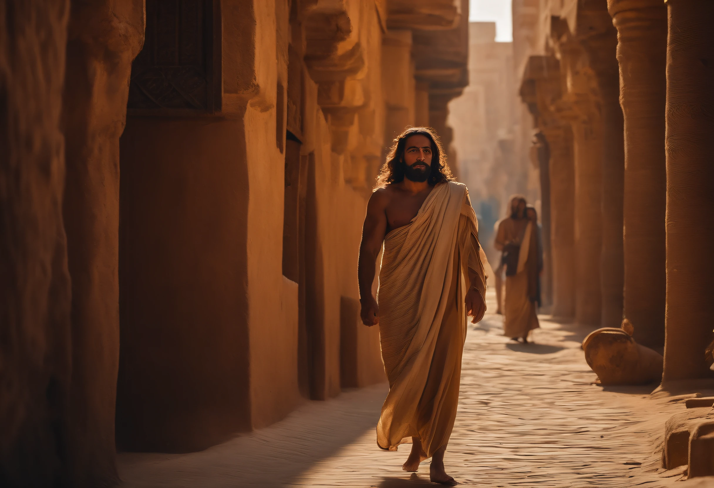 imagem de JESUS CRISTO,  Um , de pele morena cabelos longos e castanho. Walking around the city of Egypt in front of the cameras, entre pessoas .4k, Altamente detalhado e realista.