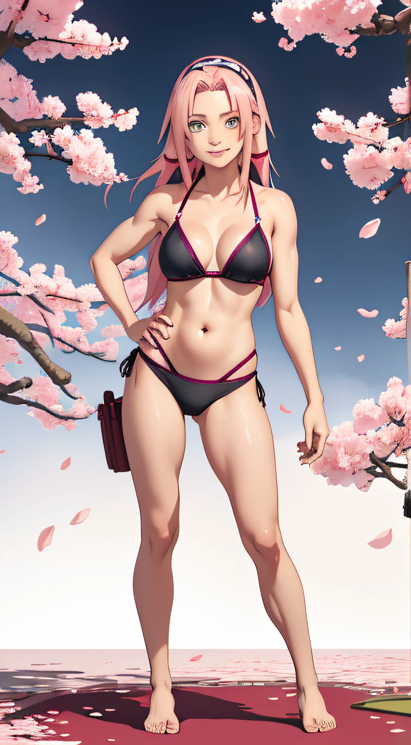 Masterpiece, best quality at best, sakura haruno, medium , costume, black bikini, sexy sent, is outgoing, smiles, with pink hair, long white hair, (green eyes: 1.4), muscular legs, toned belly , standing, barefoot, full body photo.Forehead protection, cherry blossoms, cherry blossoms flying,