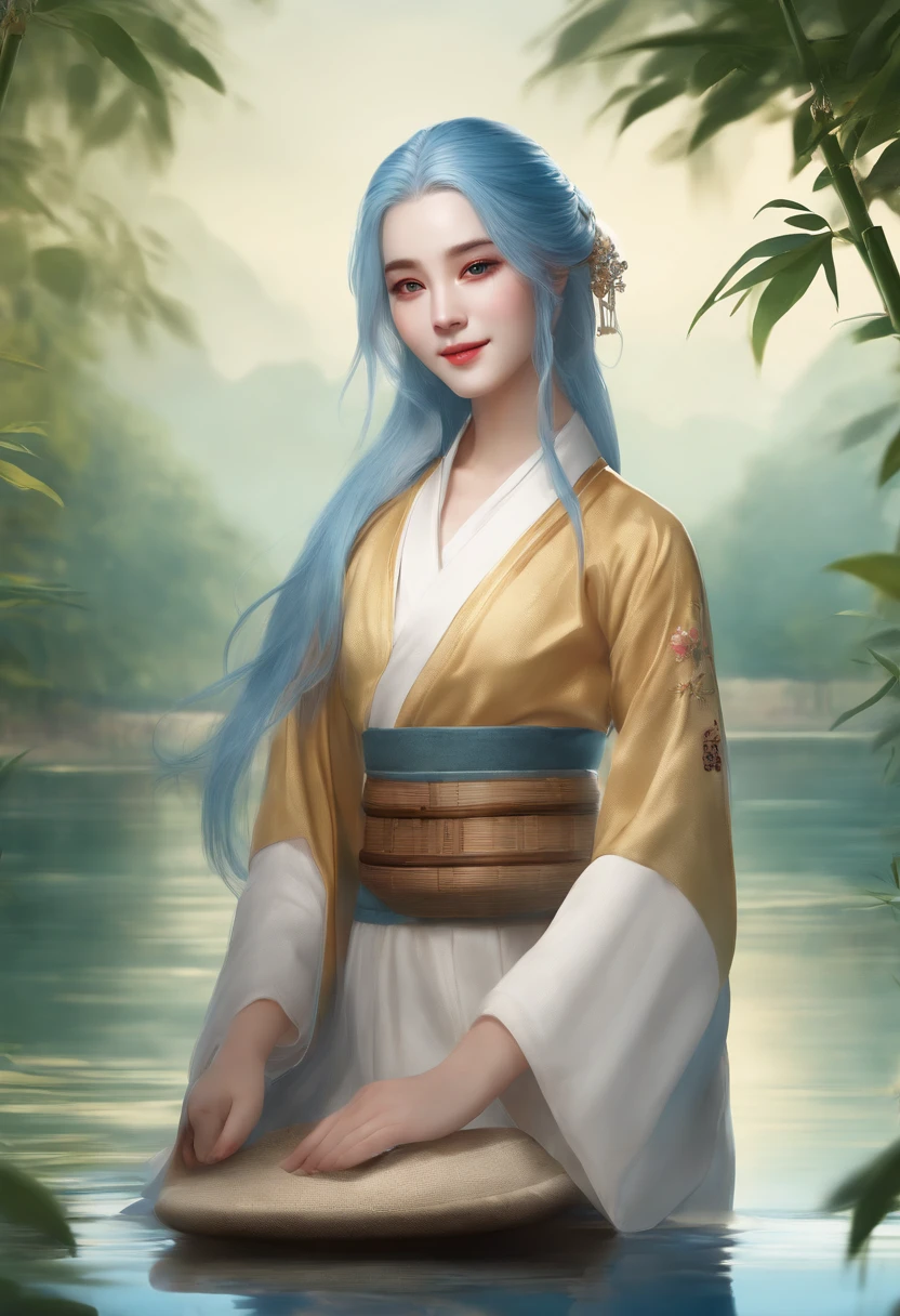 Masterpiece, Best Quality, Official Art, 8k Wallpaper, Very Detailed, Illustration, 1 Girl, Sky Blue Hair, Long Hair, Detailed Eyes, Forrest Gump, Bare Shoulders, Hanfu, Lake, Pure, Soft Smile, bamboo, tea