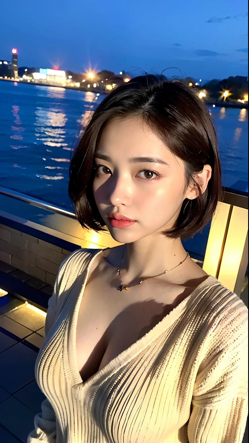 (top-quality、8k、32k、​masterpiece、UHD:1.2)、Photo of a cute Japanese woman、large full breasts、very short bobbed hair、The upper part of the body、sface focus、oversized_sweater、a necklace、nighttime scene、From  above、looking at the viewers、