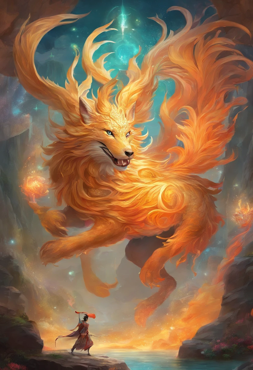 mythological creatures,((The nine-tailed fox in Chinese mythology)),Traditional Chinese elements,Ancient murals,Illustrative myths,Fuyao Legend,Dappled light,Hazy haze,mystical aura,tmasterpiece,k hd,Rich in color,Detailed details,Seven colors