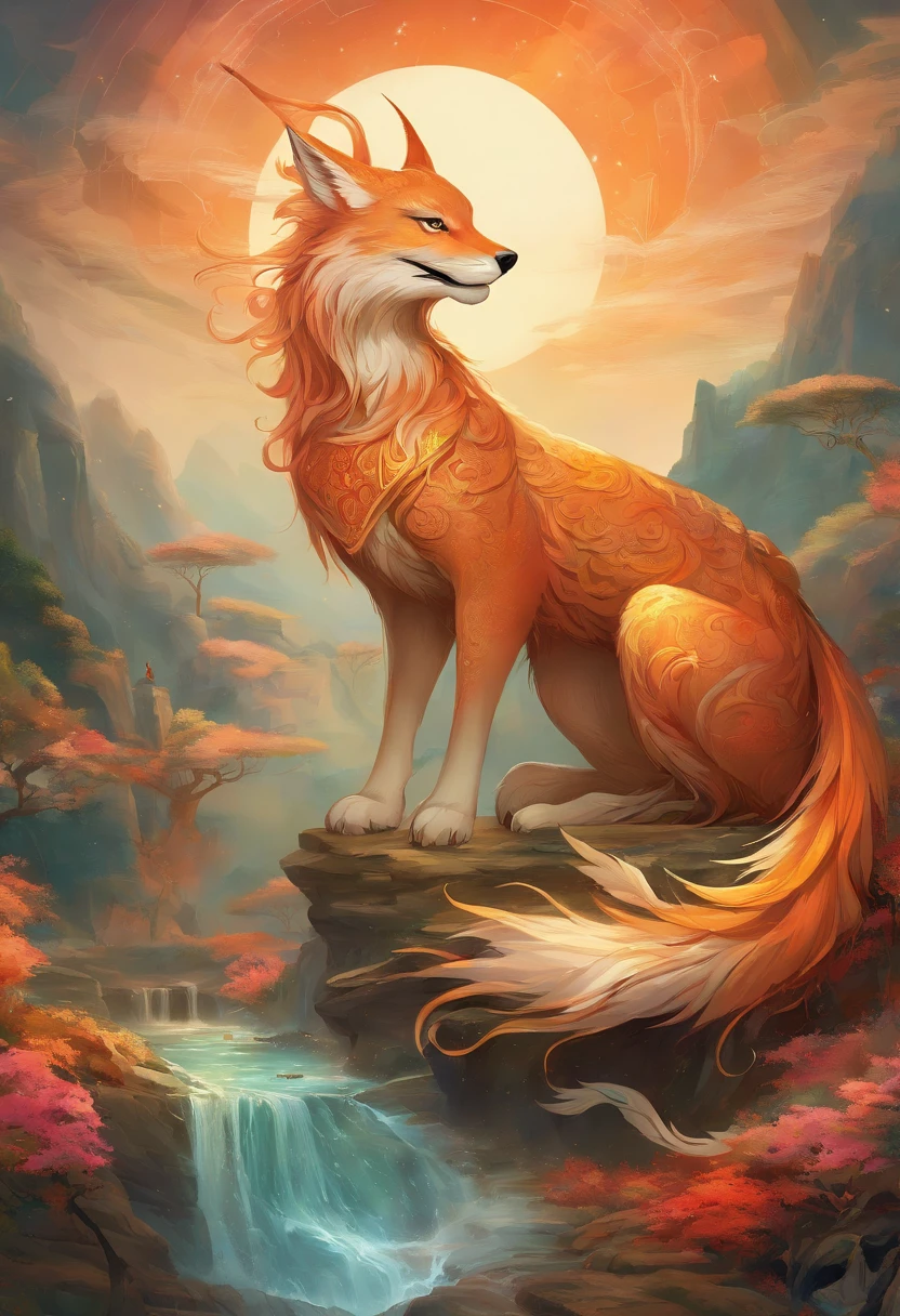 mythological creatures，（（The nine-tailed fox in Chinese mythology）），Traditional Chinese elements，Ancient murals，Illustrative myths，Fuyao Legend，Dappled light，Hazy haze，mystical aura，tmasterpiece，k hd，Rich in color，Detailed details，Seven colors