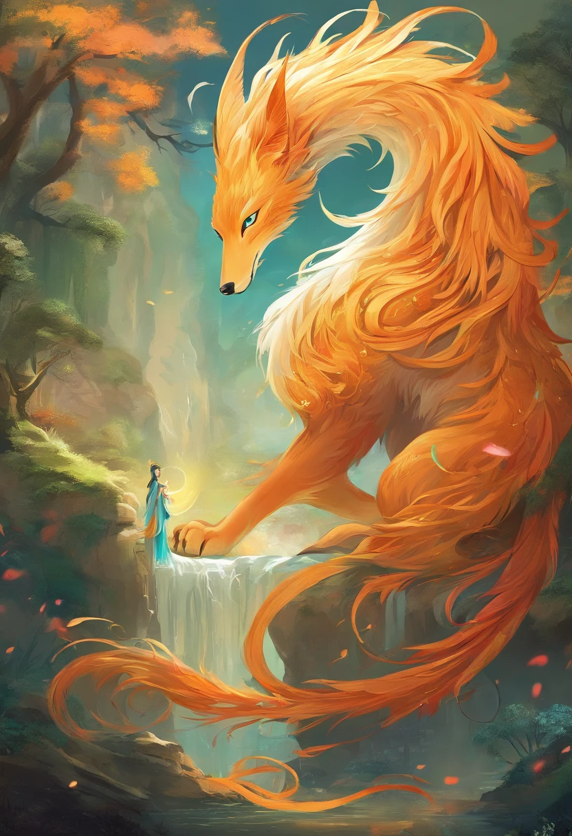 mythological creatures，（（The nine-tailed fox in Chinese mythology）），Traditional Chinese elements，Ancient murals，Illustrative myths，Fuyao Legend，Dappled light，Hazy haze，mystical aura，tmasterpiece，k hd，Rich in color，Detailed details，Seven colors