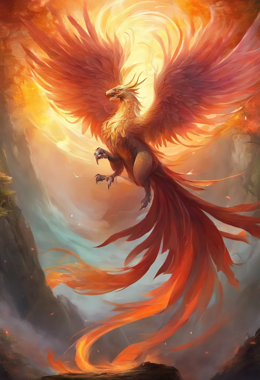mythological creatures,((Chinese mythology fire phoenix)),Traditional Chinese elements,Ancient murals,Illustrative myths,Fuyao Legend,Dappled light,Hazy haze,mystical aura,tmasterpiece,k hd,Rich in color,Detailed details,Seven colors