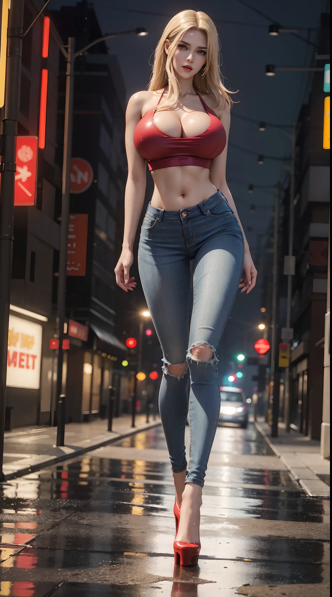 1GIRL, SOLO, (ssmile, makeup, beautifull eyes, red libs), (HUGE FAKE BOOBS:1.3), (WET T-SHIRT CROP TOP, CLEAVAGE, SKINTIGHT JEANS PANTS, HIGH HEELS:1.5), (SLENDER BODY, SEXY LONG LEGS, FULL BODY:1.5), (LOOKING AT VIEWER:1), (WALKING DOWN ON STREET CYBERPUNK MIDNIGHT CITY:1.3), PHYSICALLY-BASED RENDERING, ULTRA HIGHT DEFINITION, 8K, 1080P.