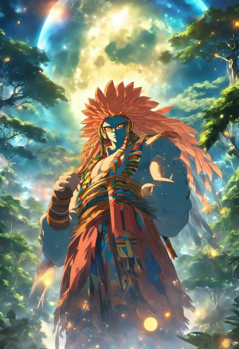 (((Abaangui))) best quality, ultra-high resolution, detailed CG in 4K, masterpiece, man, Xavante indigenous, native Brazilian, aesthetics, Amazon rainforest, ((moon in the background)), beautiful image, centered on screen,