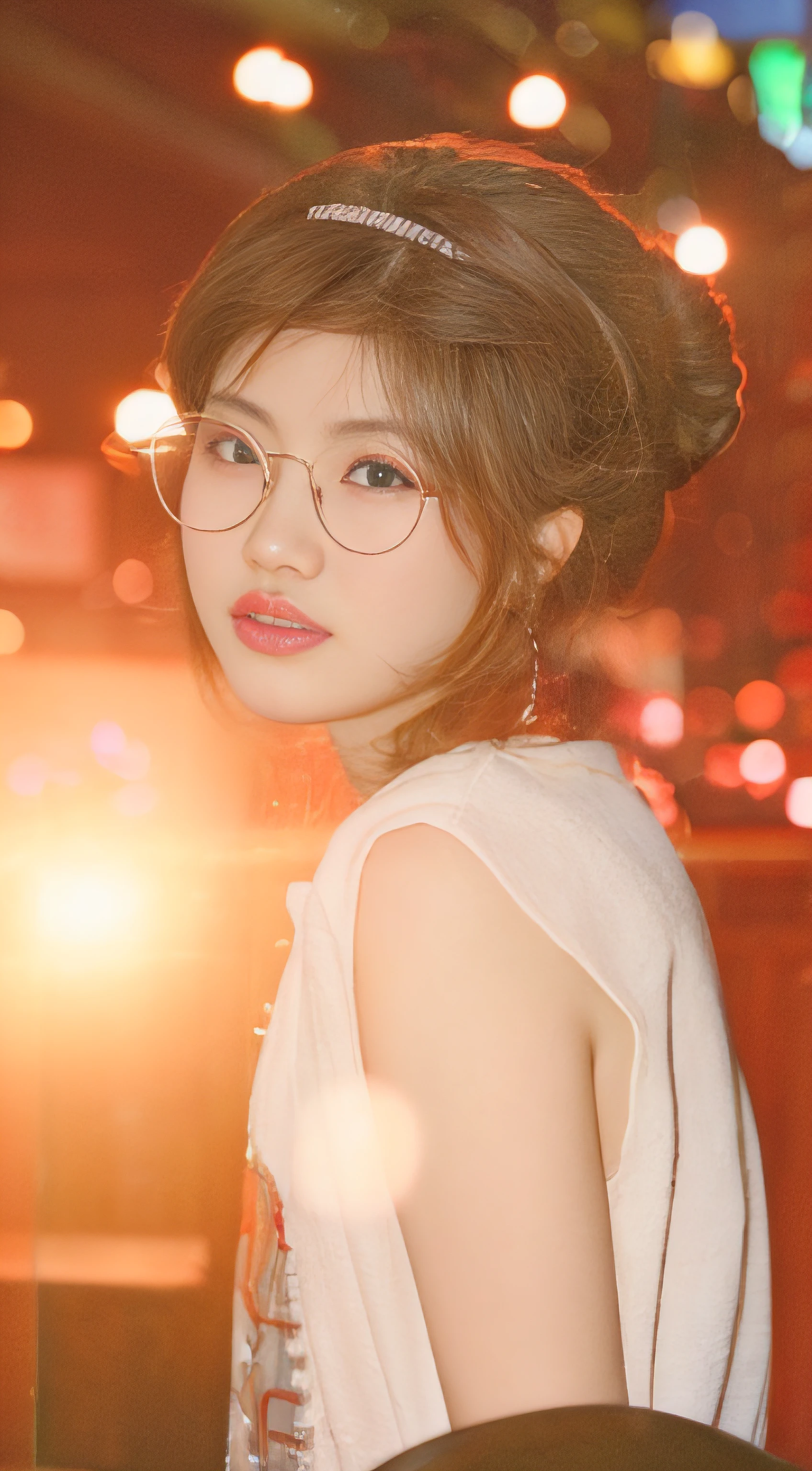 There was a woman sitting with her hands crossed, portrait of jossi of blackpink, lofi portrait, mid shot portrait, a girl with round glasses, lofi-girl, Low ISO, lofi portrait at a window, high quality portrait, Album art, A young Asian woman, ulzzangs