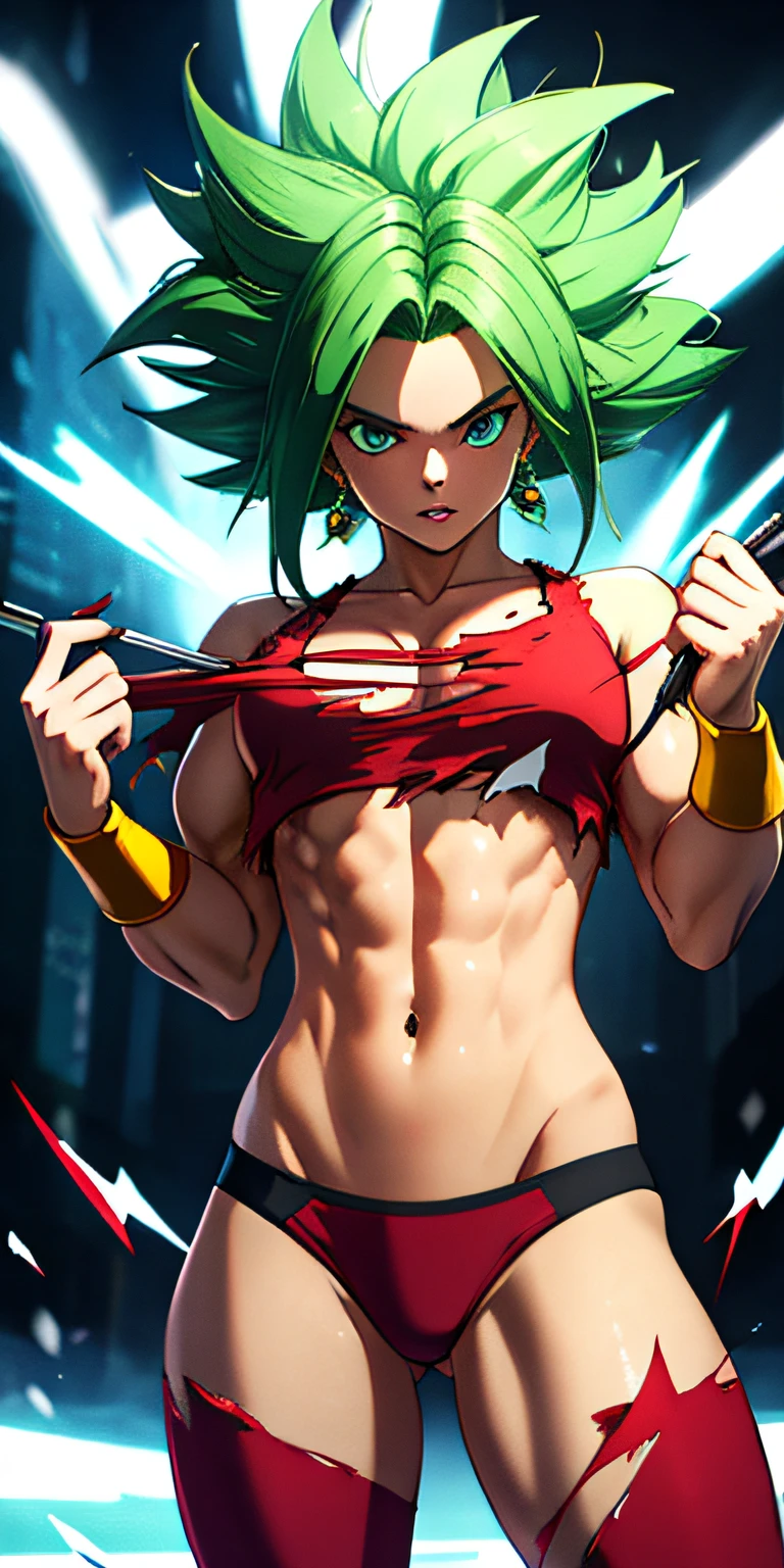 (masterpiece, best quality, ultra-detailed, high resolution, best illustration), 1 handle, cute xyzkefla cowboy photo Super Saiyan, green hair, green eyes, spiky hair, energy, (torn clothes: 1.2), jewelry, aura, Leggings, Red clothes, detailed, sharp focus, dramatic, Cinematic lighting, bodybuilder, wearing panties, full cup shot