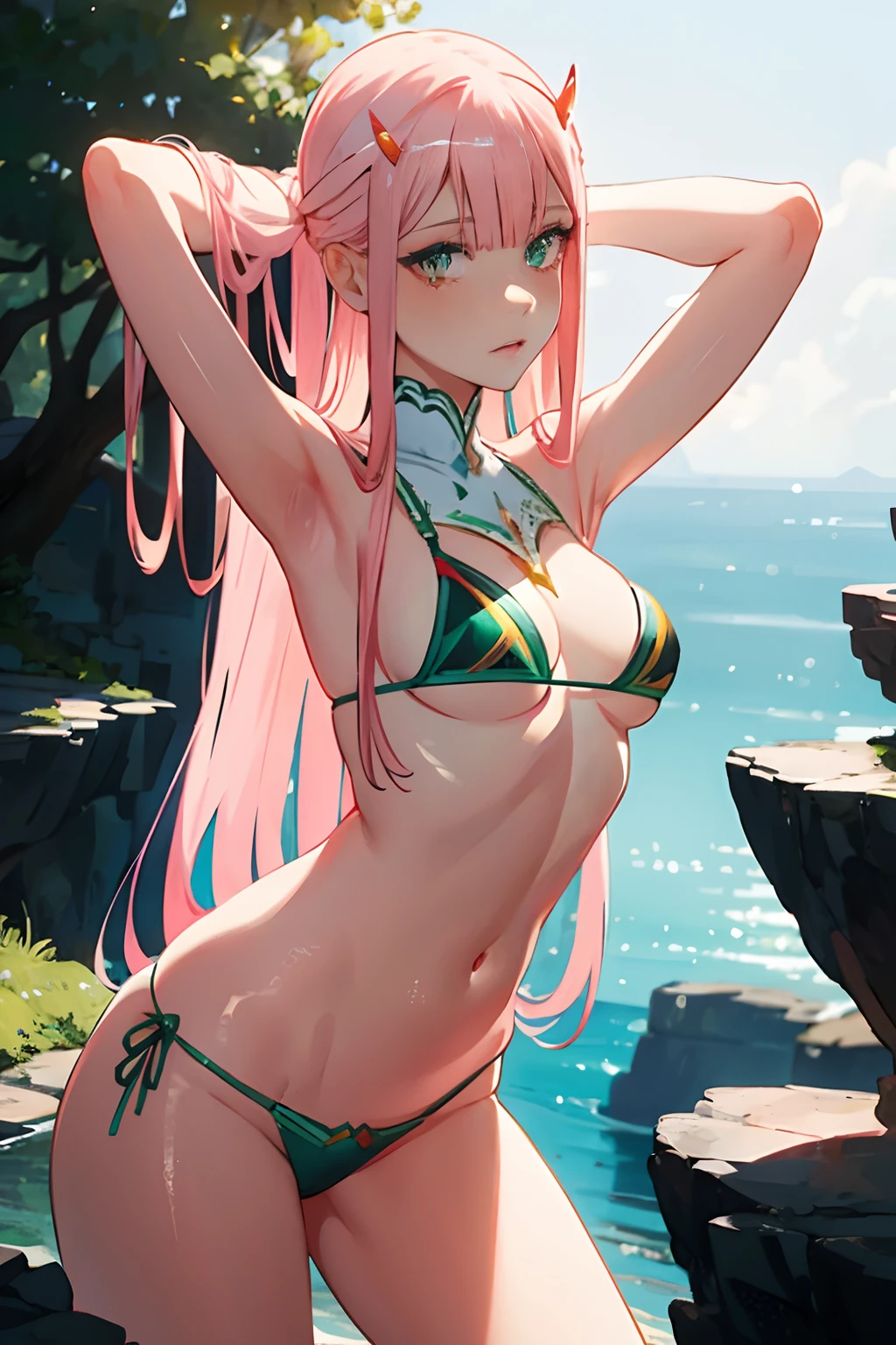 masterpiece, best quality, 1girl, looking at viewer, cute, bikini, seascape, medium breasts, green eyes, zero two \(darling in the franxx\), pink hair, beautiful detailed eyes, beautiful detailed glow, lots of glow, arms behind head, embarrassed, (cowboy shot:1.4),