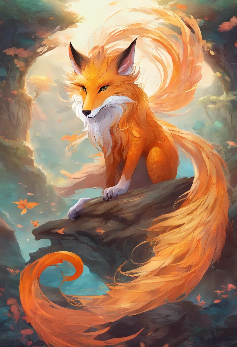 mythological creatures，（（The nine-tailed fox in Chinese mythology）），Traditional Chinese elements，Ancient murals，Illustrative myths，Fuyao Legend，Dappled light，Hazy haze，mystical aura，tmasterpiece，k hd，Rich in color，Detailed details，Seven colors