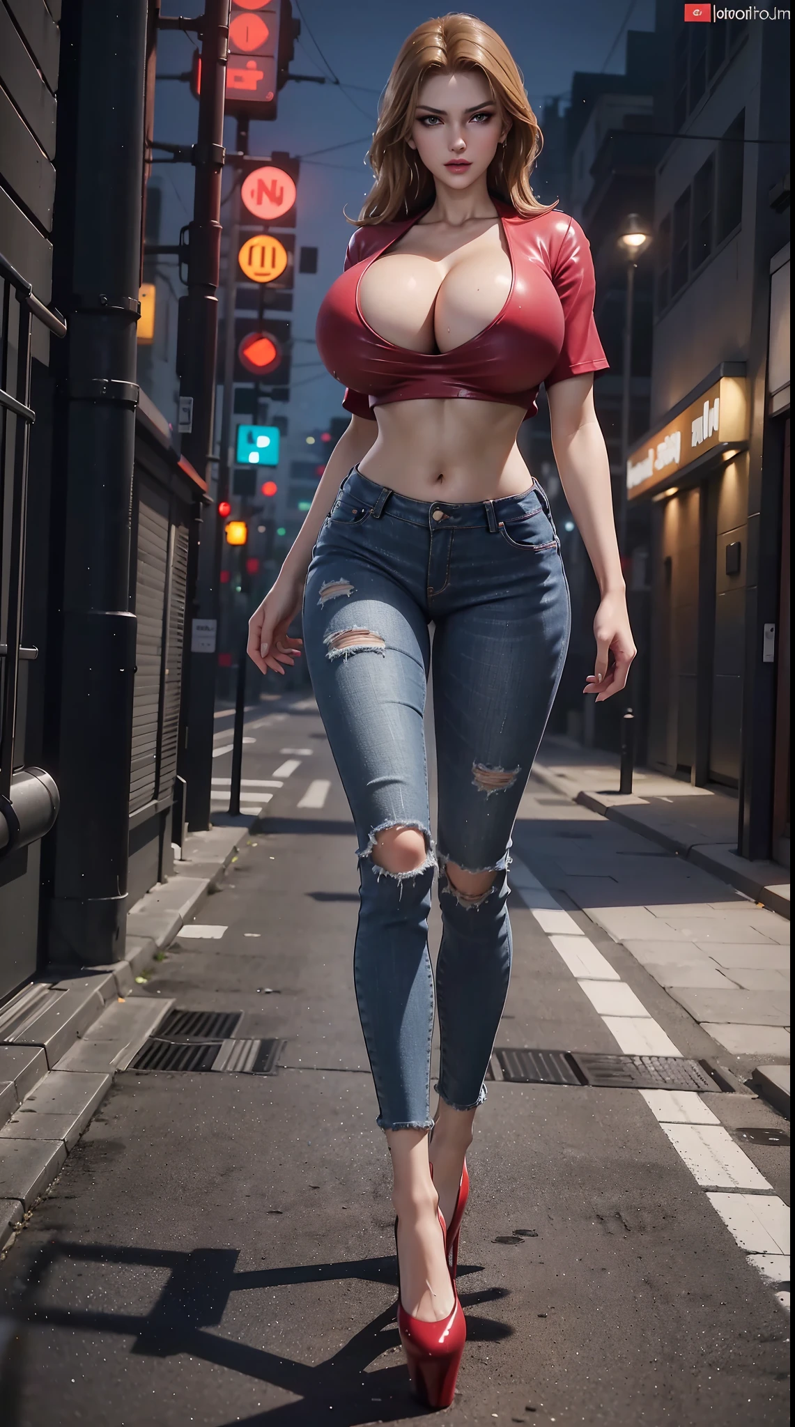 1GIRL, SOLO, (ssmile, makeup, beautifull eyes, red libs), (HUGE FAKE BOOBS:1.3), (WET T-SHIRT CROP TOP, CLEAVAGE, SKINTIGHT JEANS PANTS, HIGH HEELS:1.5), (SLENDER BODY, SEXY LONG LEGS, FULL BODY:1.5), (LOOKING AT VIEWER:1), (WALKING DOWN ON STREET CYBERPUNK MIDNIGHT CITY:1.3), PHYSICALLY-BASED RENDERING, ULTRA HIGHT DEFINITION, 8K, 1080P.