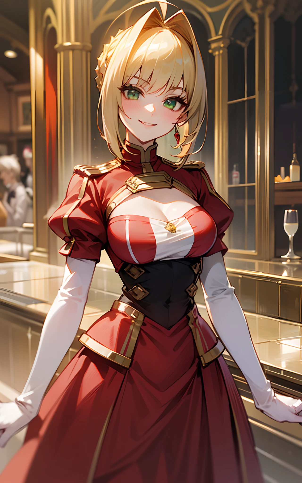 Top quality, 8K, 4K, high definition, details, Nero Claudius, FGO, woman, family restaurant, red costume, smile,