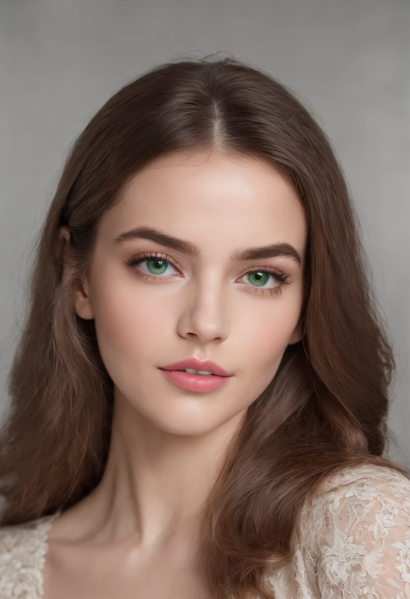 This portrait depicts a young woman with, superimposed brown hairs. She wears a light-colored top and has her lips painted in a bright pink lipstick.......... Her emerald green eyes are framed by dark eyeliner and mascara, while his eyebrows have been cared for to perfection. The woman looks directly at the camera with an intense gaze, prise de photo frontal, comme si elle prenait un selfie. Son cou et sa gorge sont visibles sur la photo, adding to the overall effect of this stunning portrait. The background of the image is white, allowing all attention to be focused on the subject of this photograph - the beautiful young woman who looks confident and poised despite the fact that she was captured on film. This photo could easily be used for fashion or beauty magazines because of its high-quality composition and lighting that perfectly highlights every detail