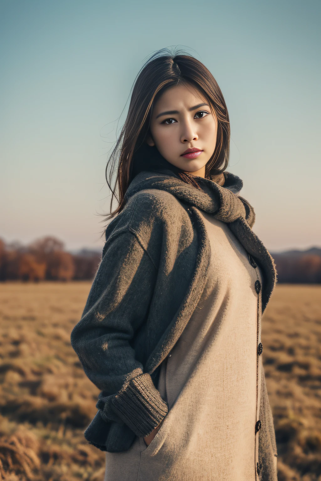 (masterpiece、top-quality、high-level image quality、ultra res,in 8K), (Raw foto:1.2), (Photorealsitic:1.4), (Beautiful Realistic Asians:1.4)、(beautiful a girl,Sexy actress,japanes、cute little、Alone),Woman in anguish and despair,Beautiful and tender photo of tired woman with body and mind、年轻、Beautiful limbs、Winter Outfit、The emotional landscape reflects her spirit、Cold wind blows、Winters、Grazing pastures、equine、jpn、professional photograpy、