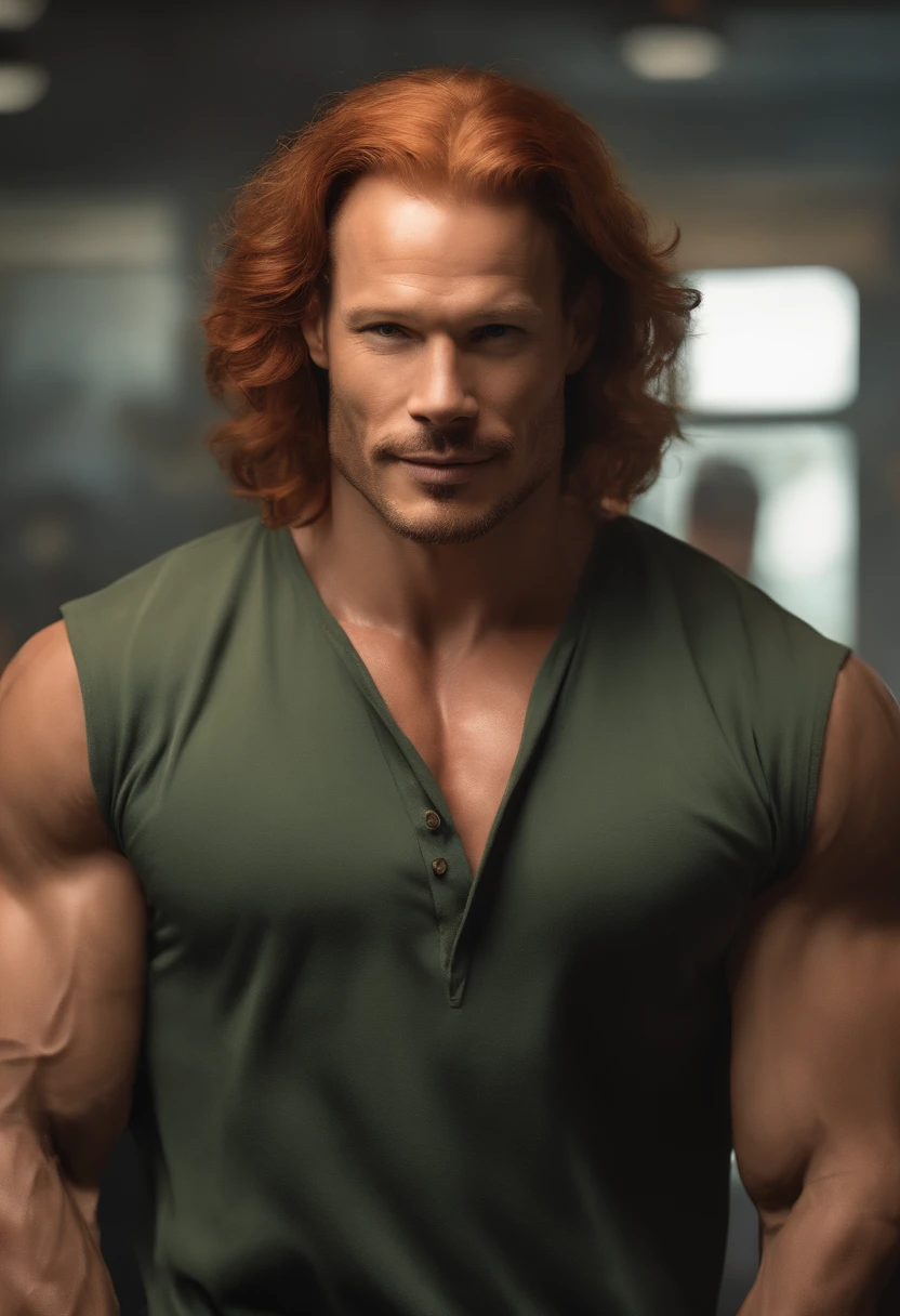 red haired man, short sleeve shirt, office setting, photo realistic