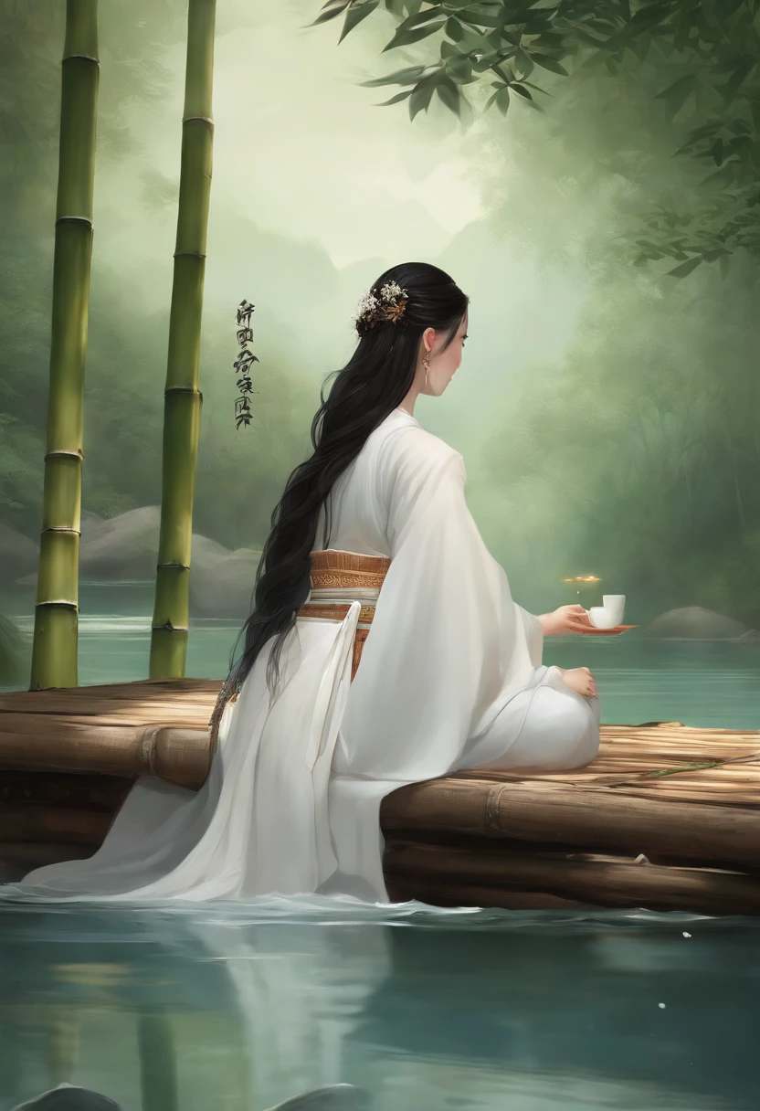 Masterpiece, Best Quality, Official Art, 8k Wallpaper, Very Detailed, Illustration, 1 Girl, black Hair, Long Hair in bun, Detailed Eyes, white face, Forrest Gump, Bare Shoulders, Hanfu, Lake, Pure, Soft Smile, bamboo, tea